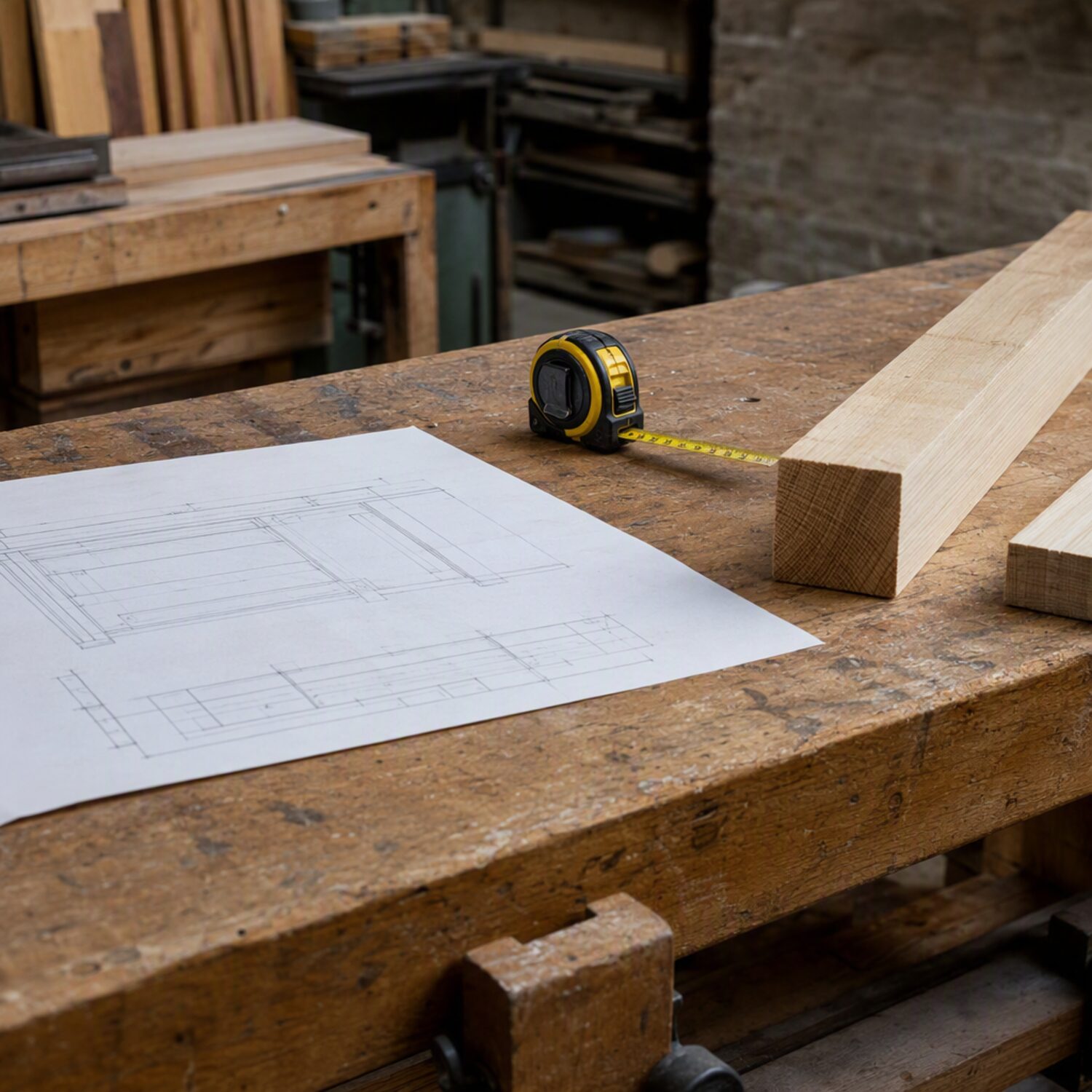 A drawing and tape measure on a workbench