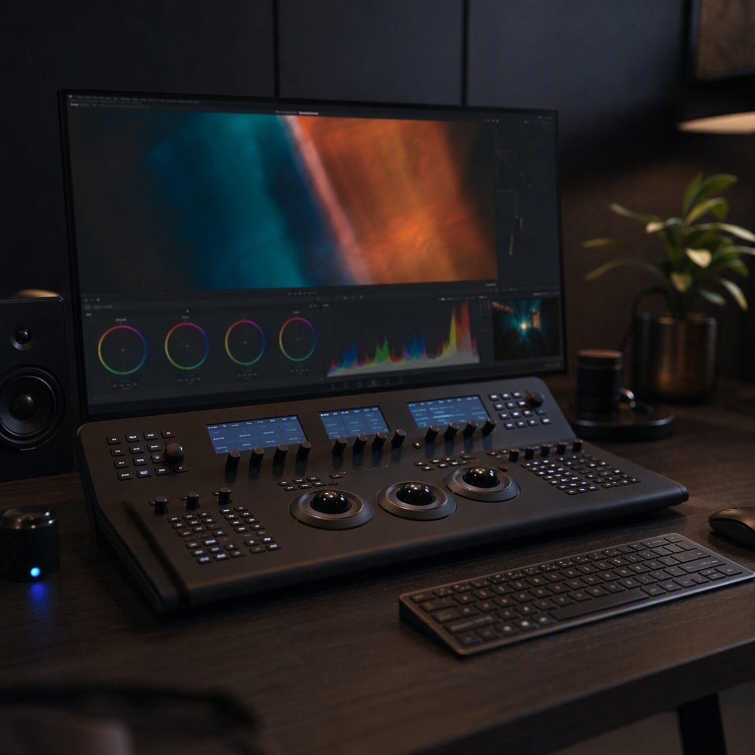 A colour grading panel and wide monitor