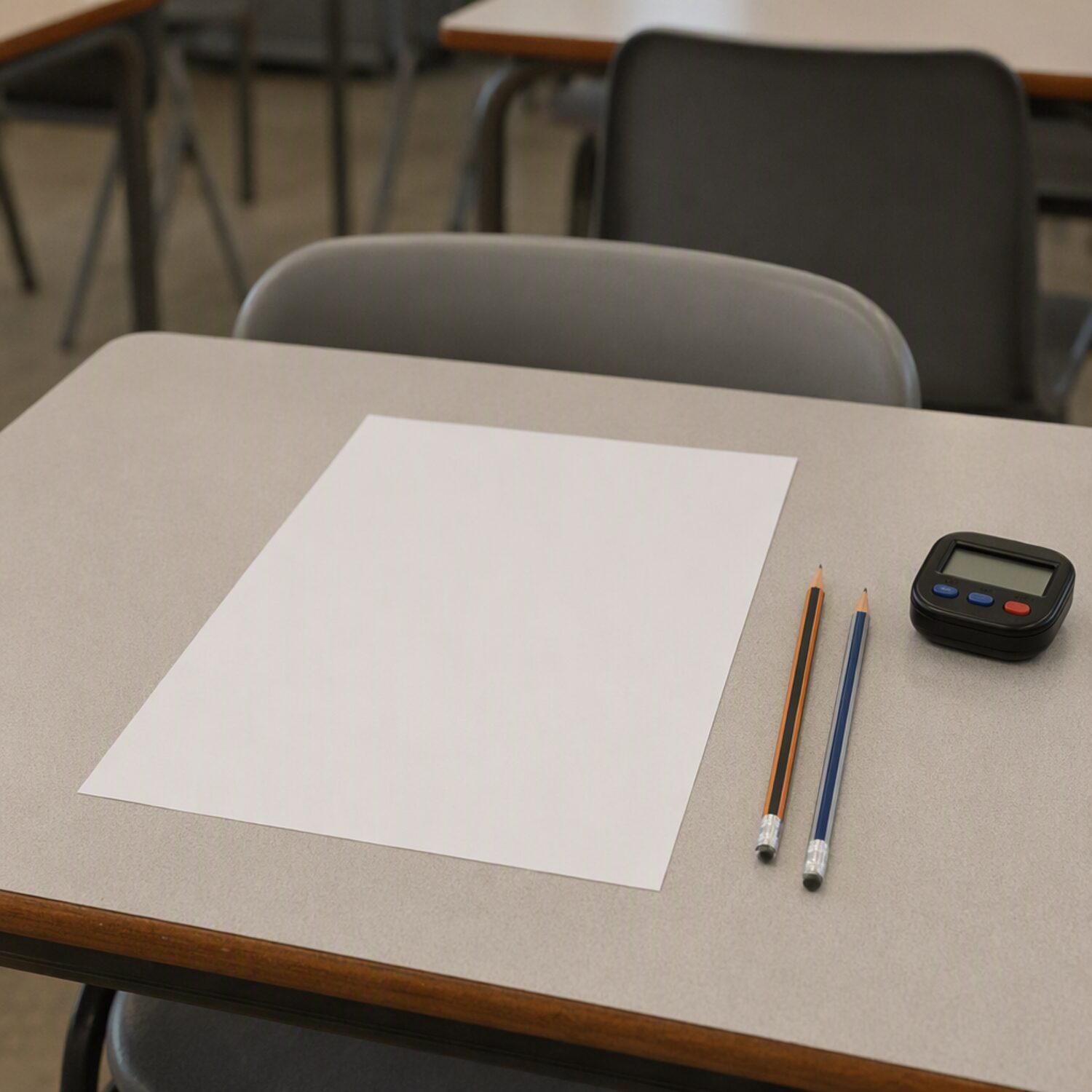 A blank answer sheet, pencils and a timer
