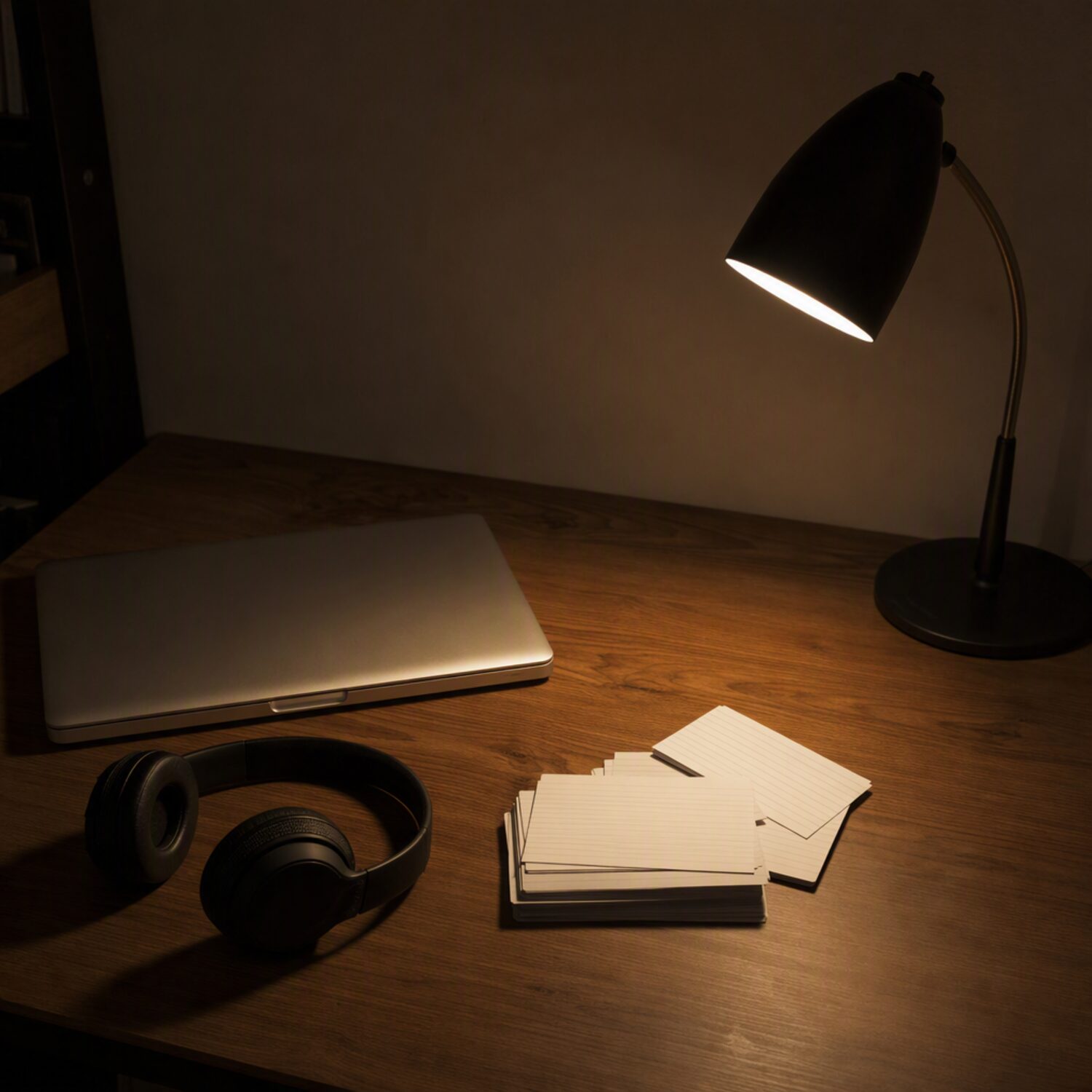Index cards and headphones under a lamp