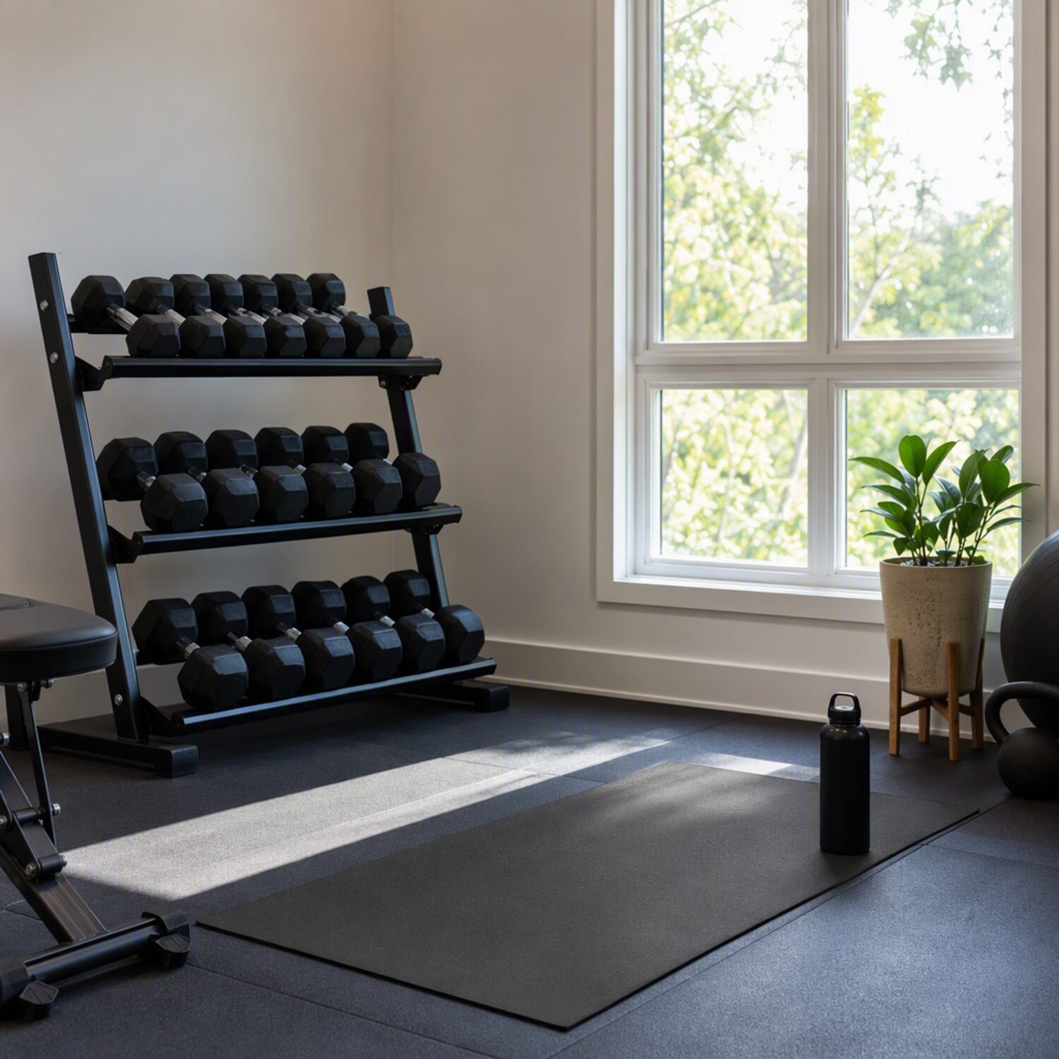 A home gym corner with dumbbells