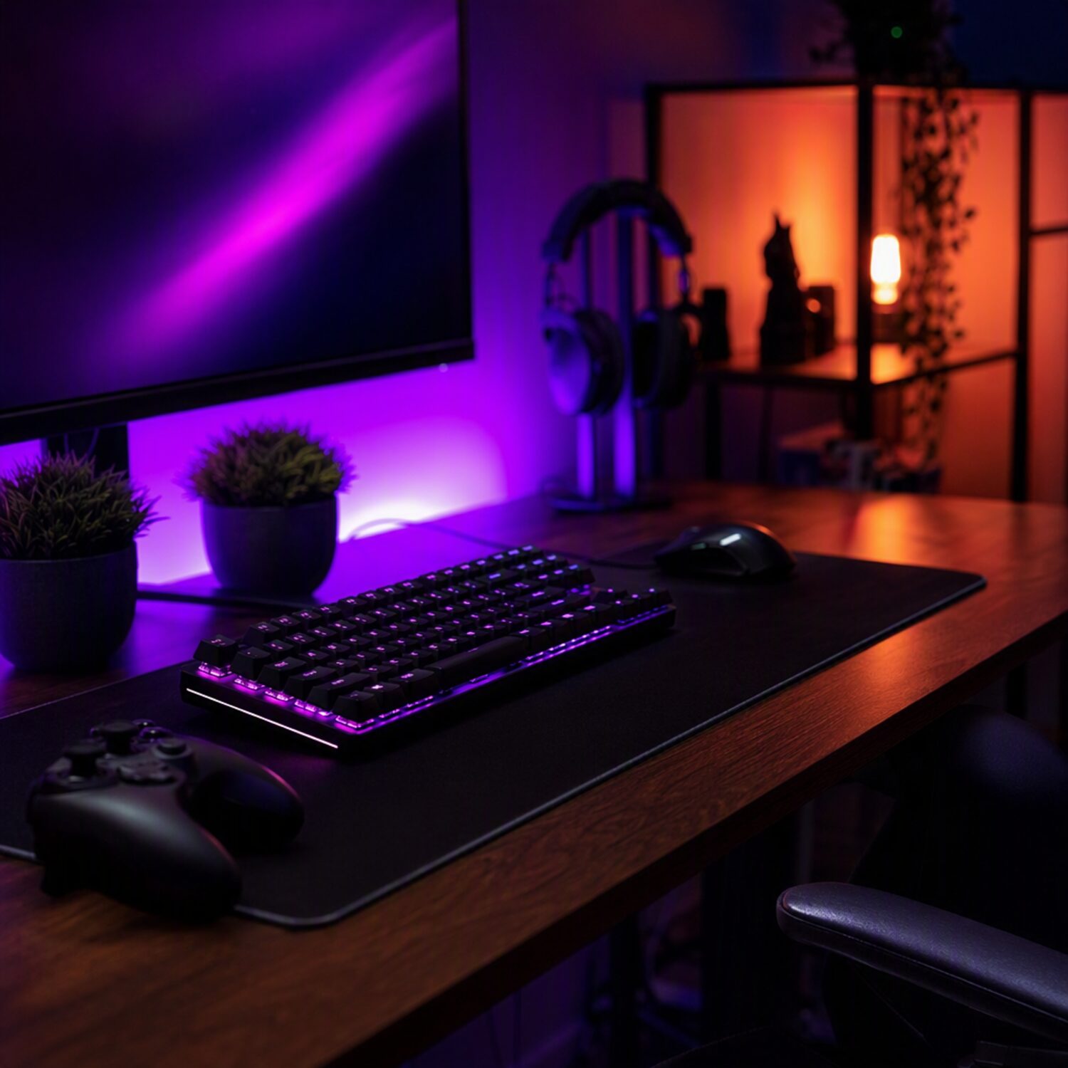 A gaming desk with keyboard and controller