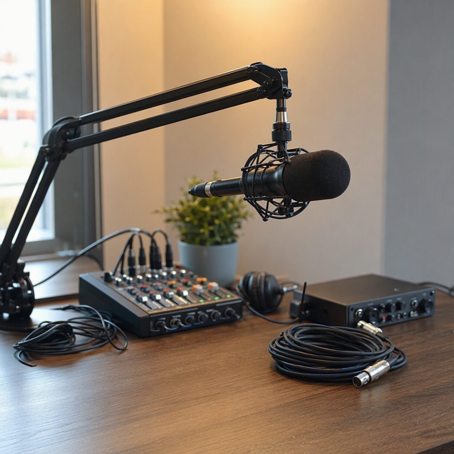 A microphone arm and small mixer on a desk