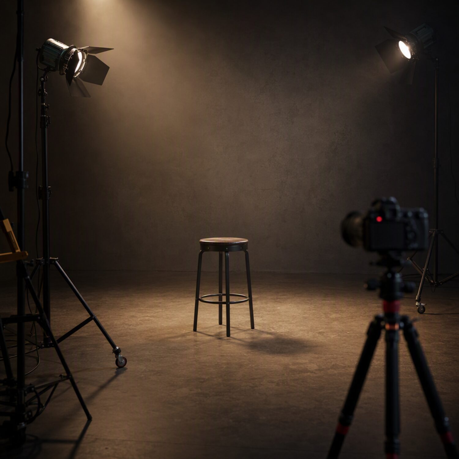 A camera facing an empty stool