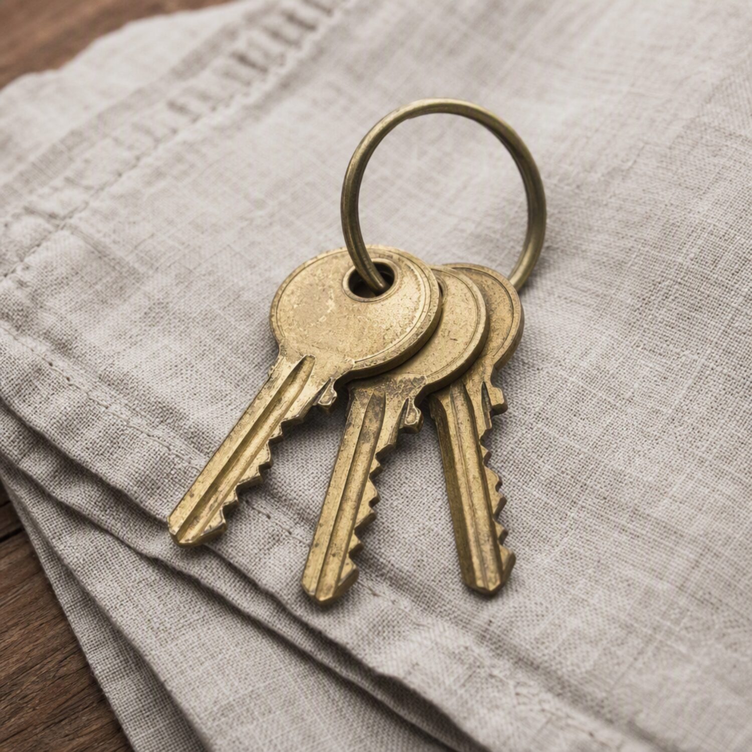 Three brass keys on folded linen