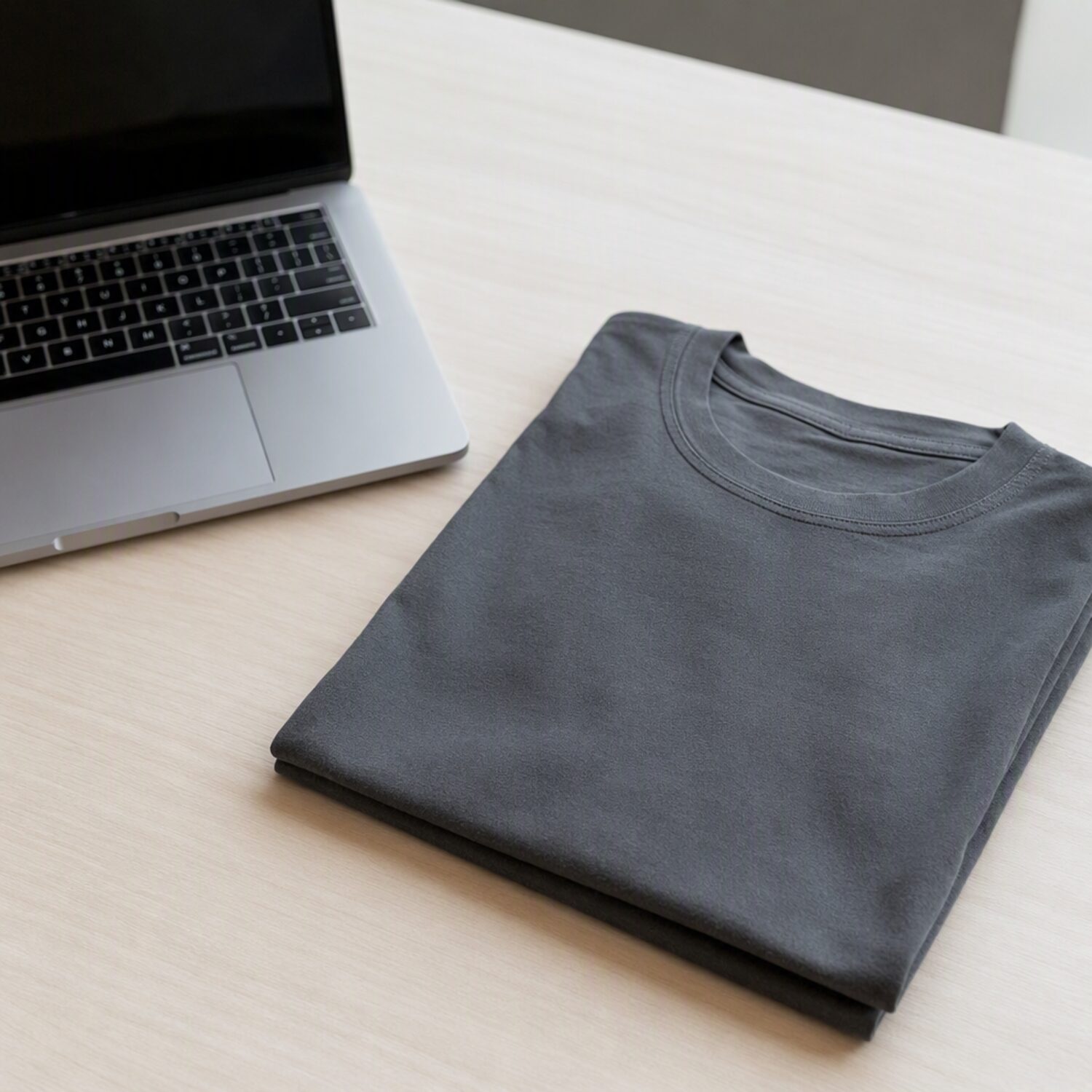 A folded plain t-shirt beside a laptop