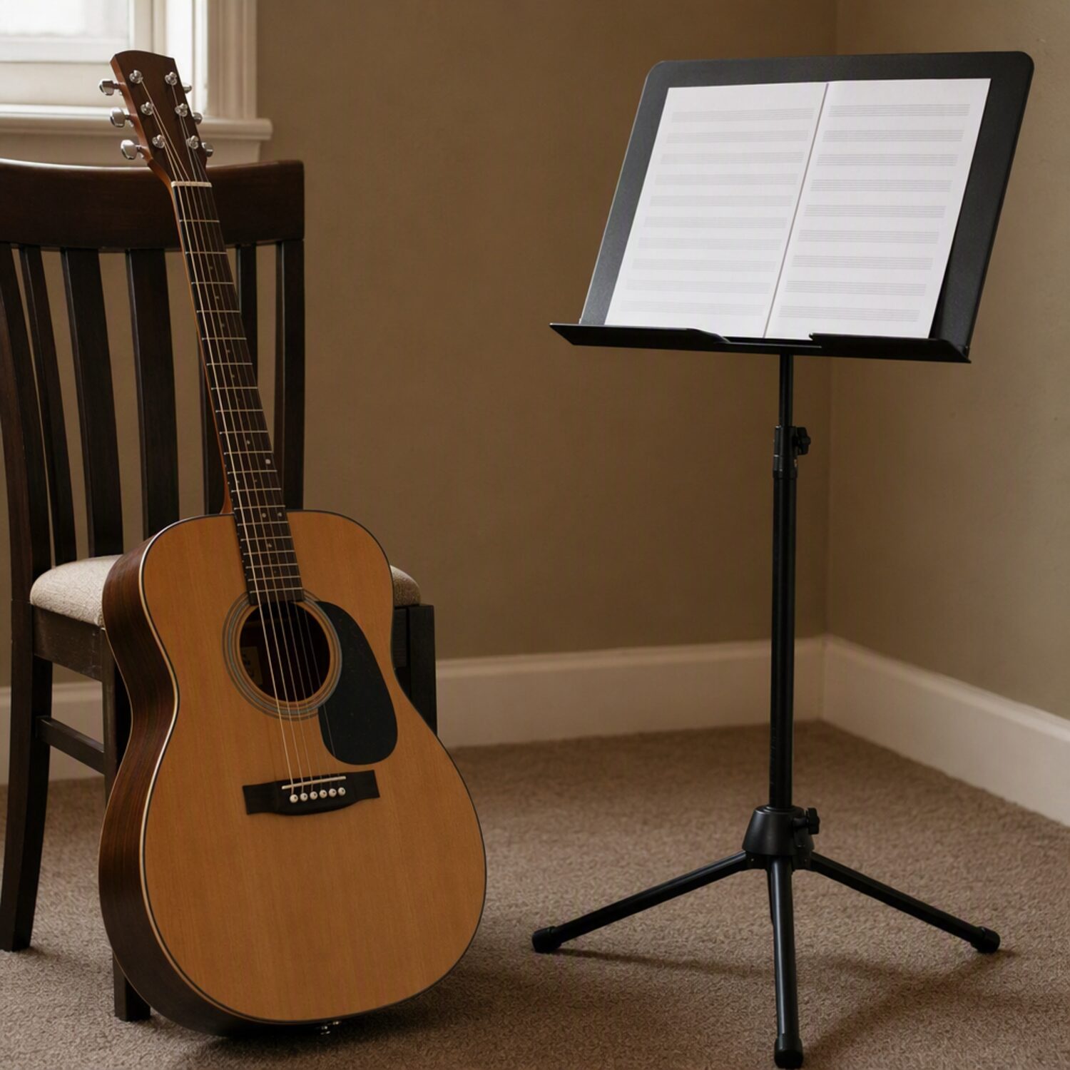 A guitar beside a blank music stand