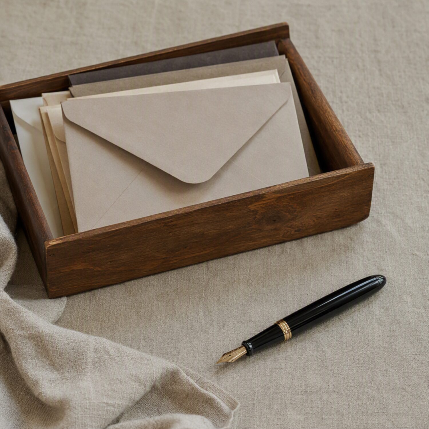 A letter tray with folded envelopes