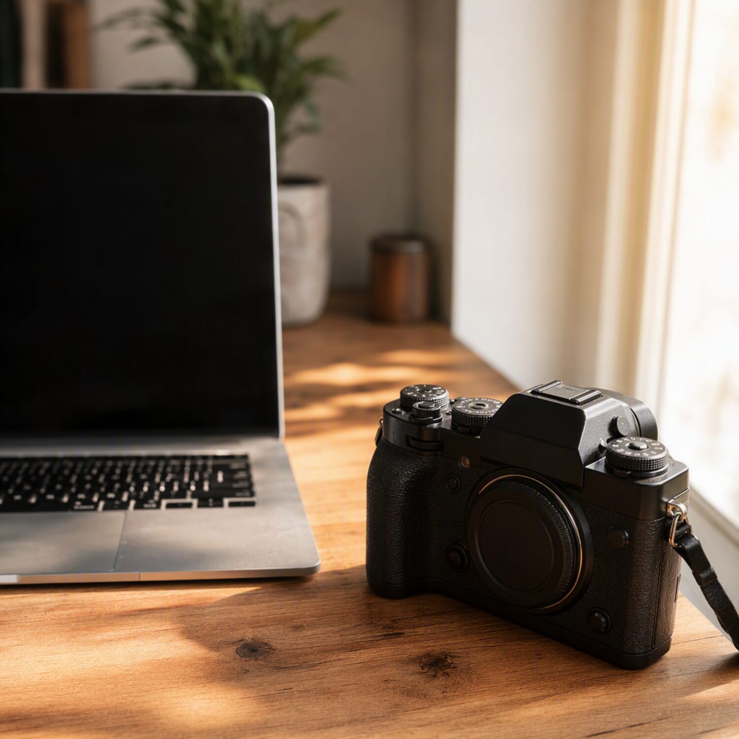 A camera beside a laptop