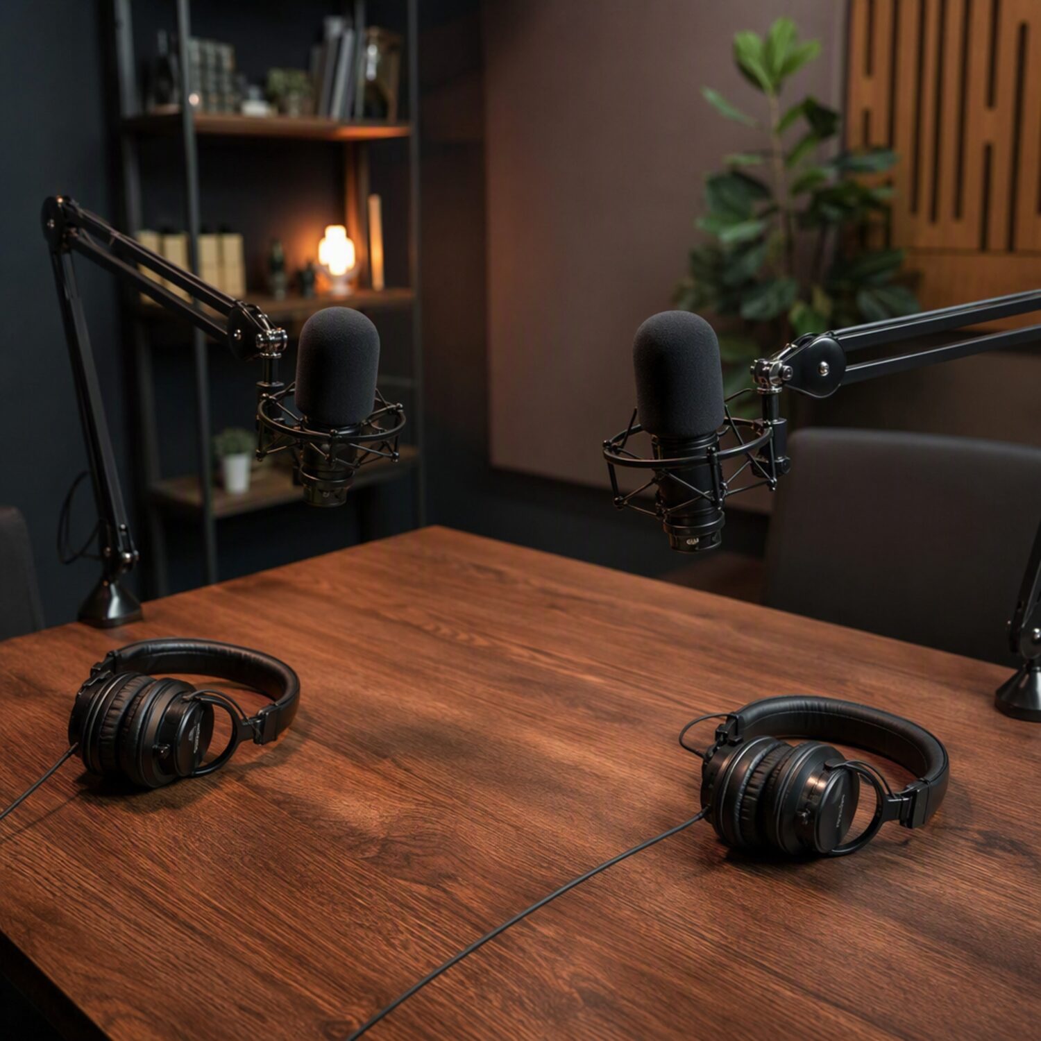 Two studio microphones on a table