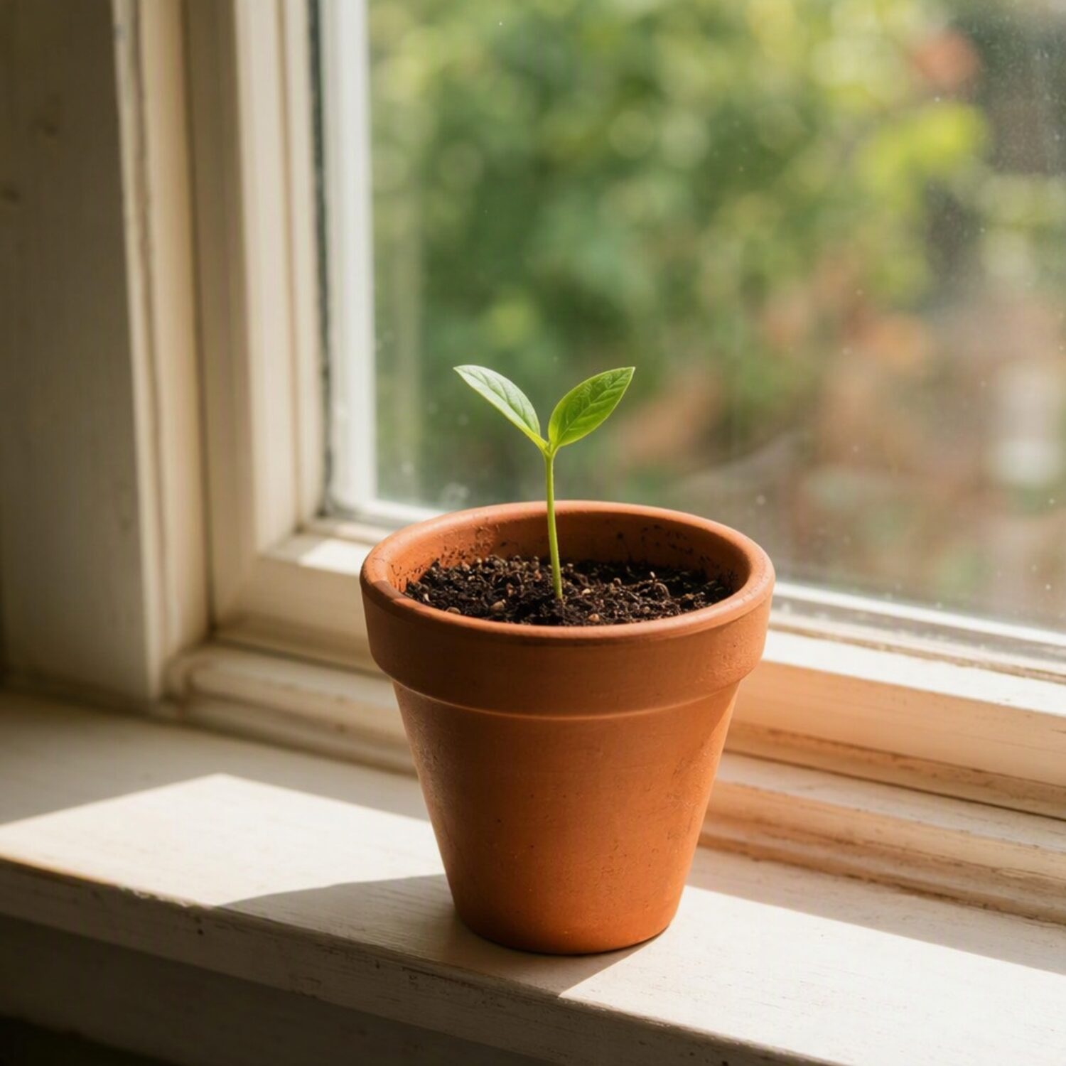 A seedling in a terracotta pot