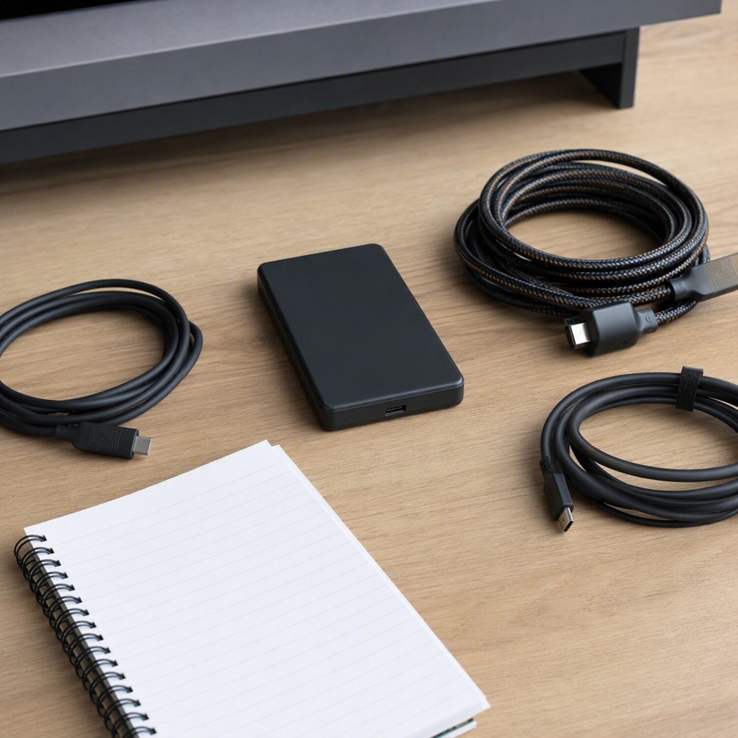 Coiled cables and a small device on a desk