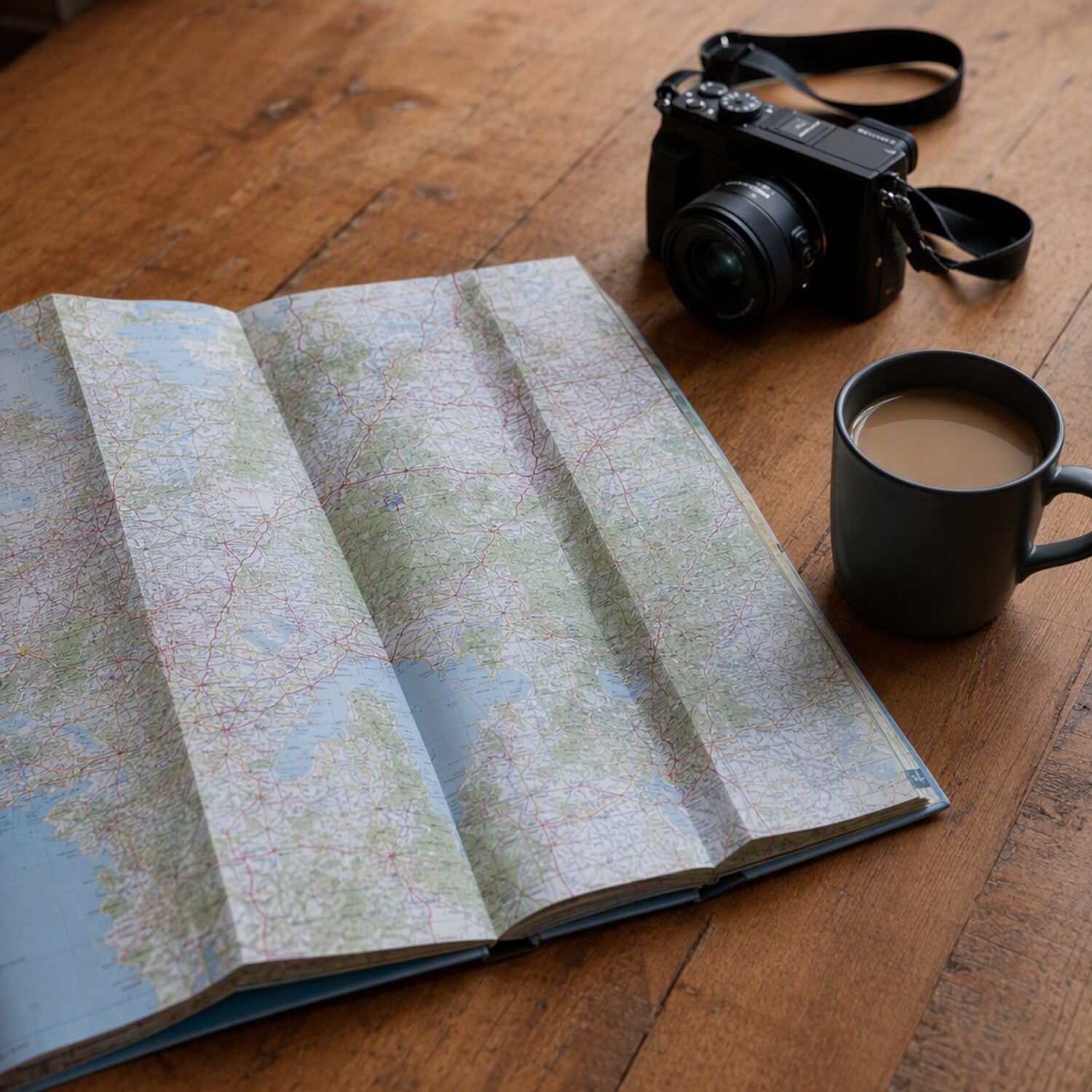 An open map beside a camera and coffee