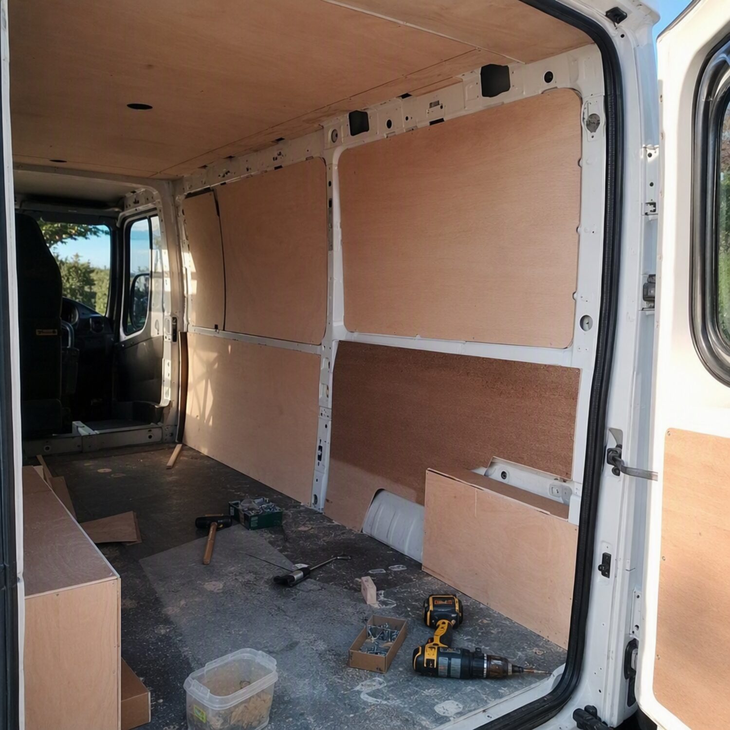 A van interior with plywood panels and tools