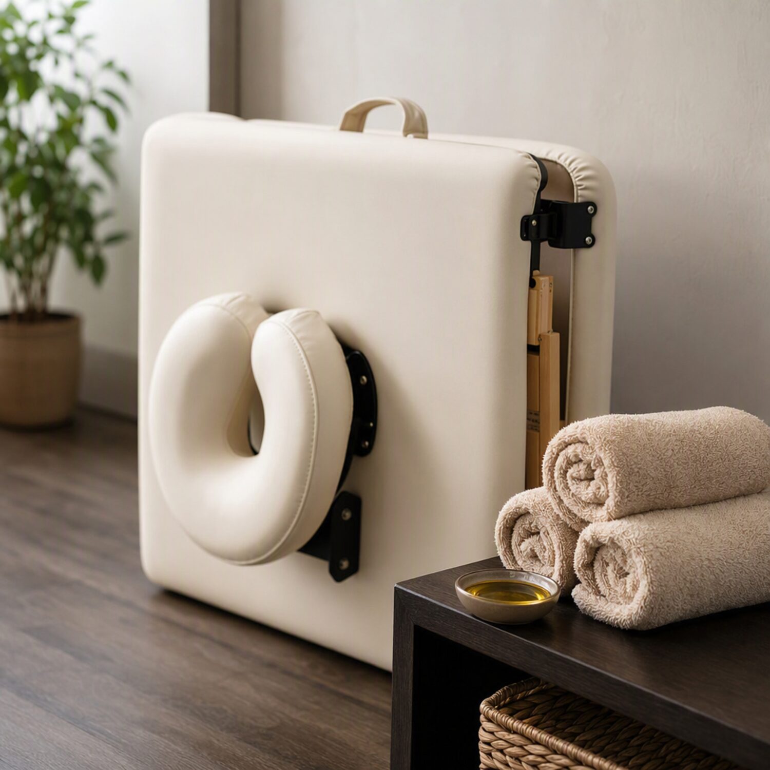 A folded treatment couch with rolled towels
