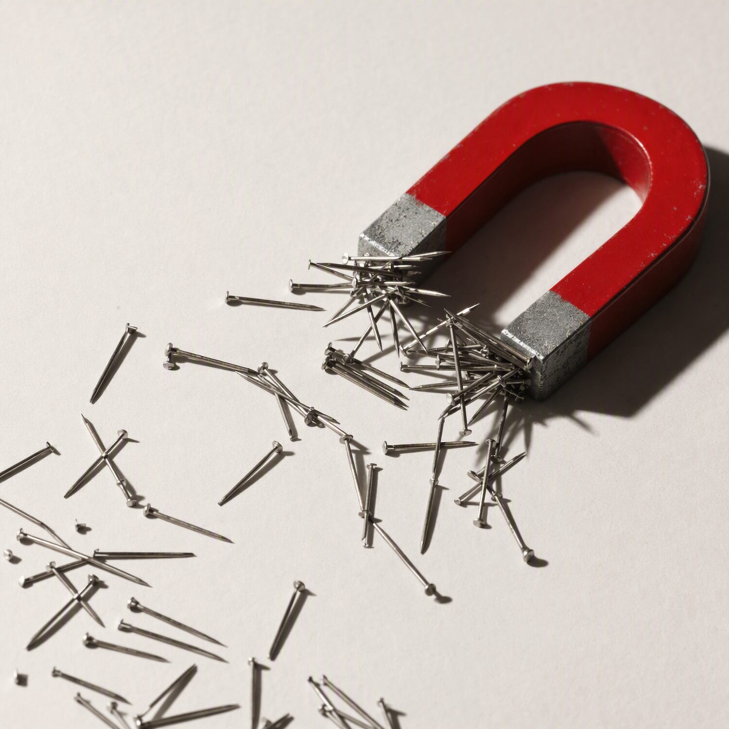 A magnet drawing steel pins across paper