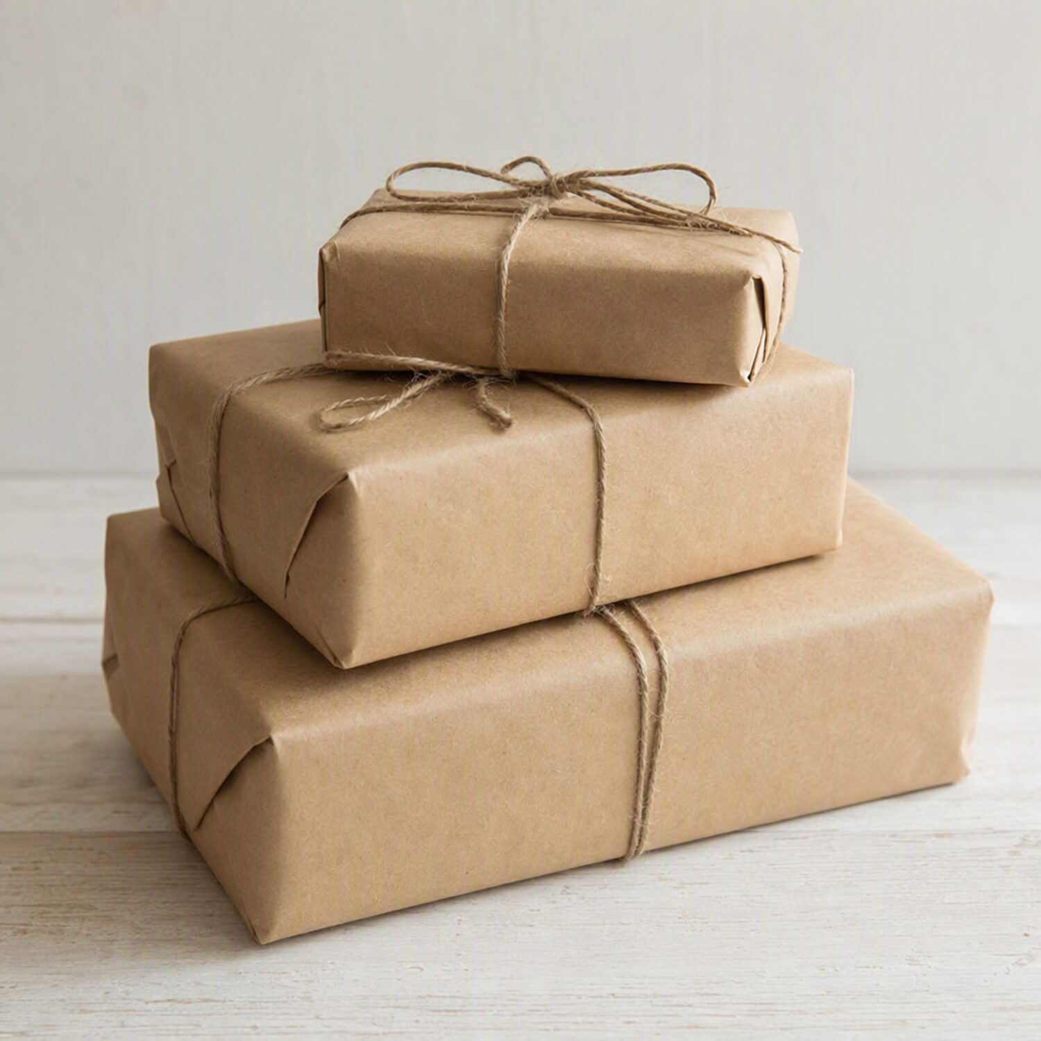 Three parcels tied together with twine