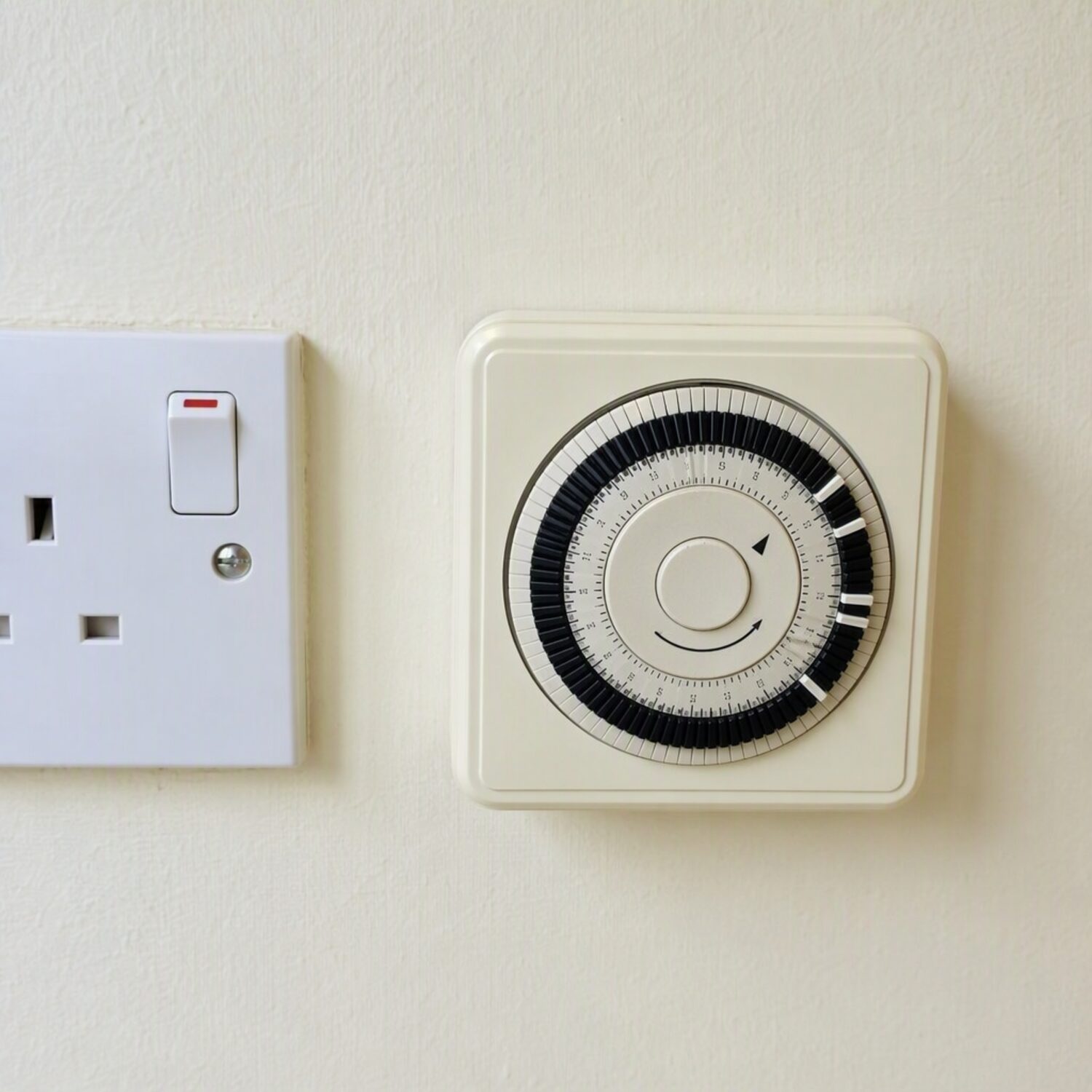 A mechanical time switch dial on a wall