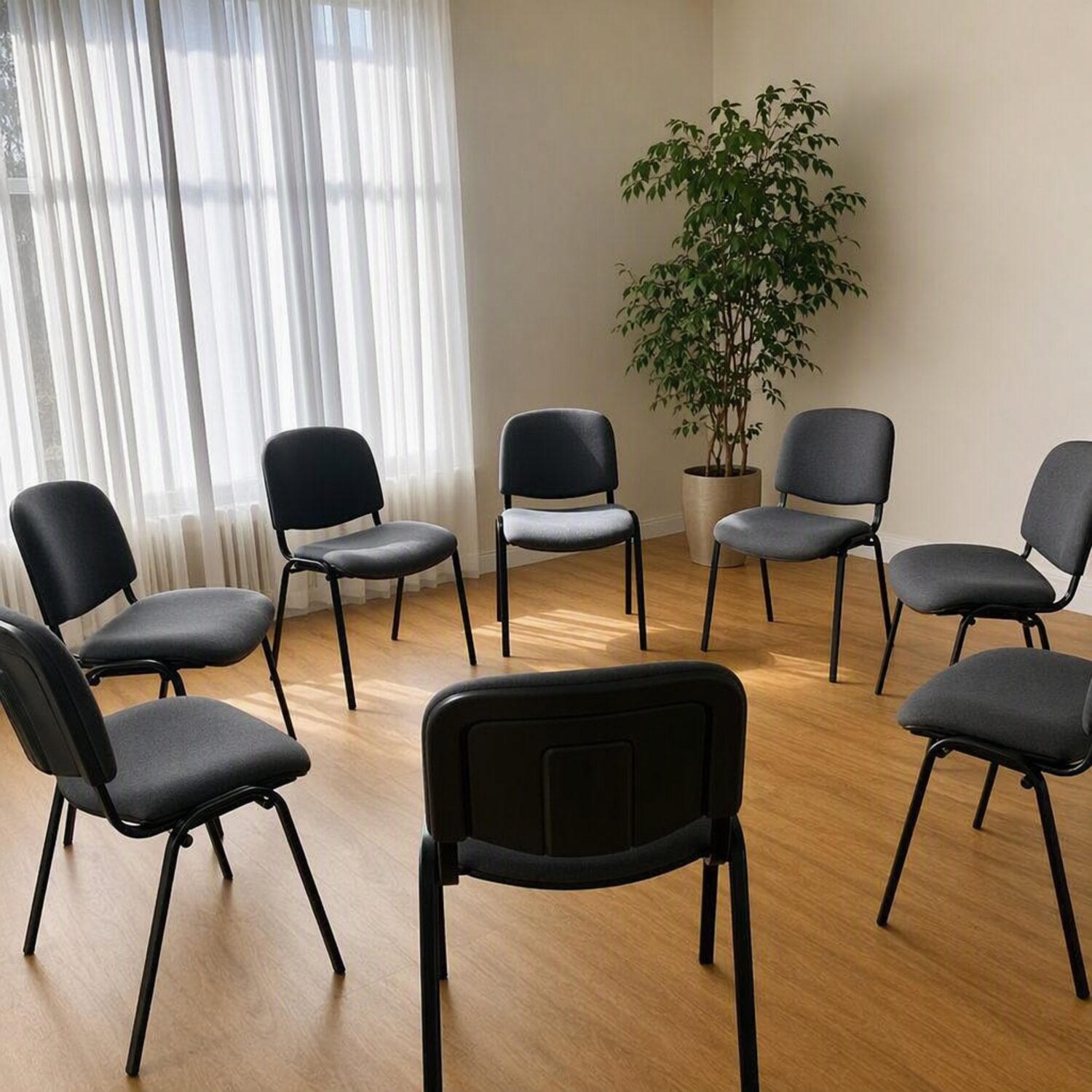 A circle of empty chairs in a bright room