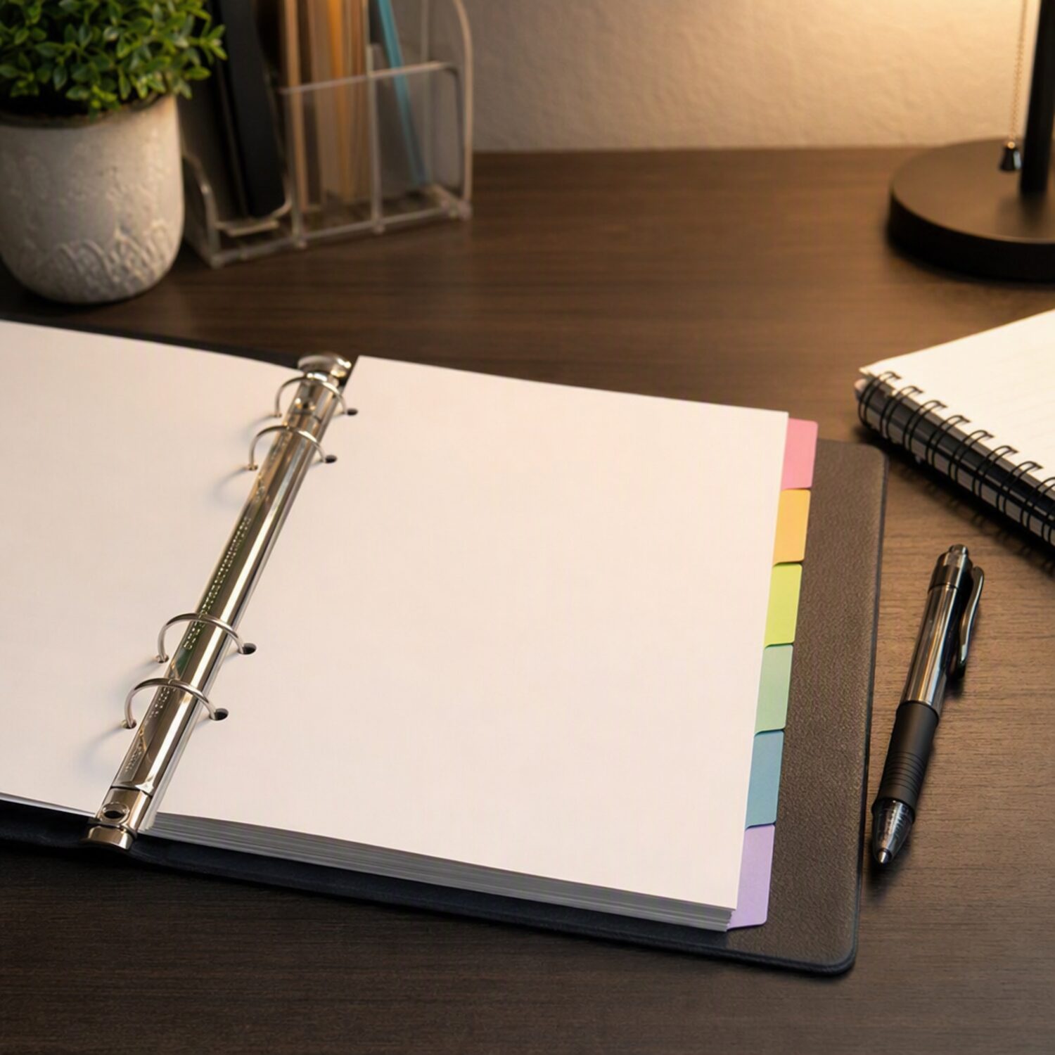 An open ring binder with blank dividers