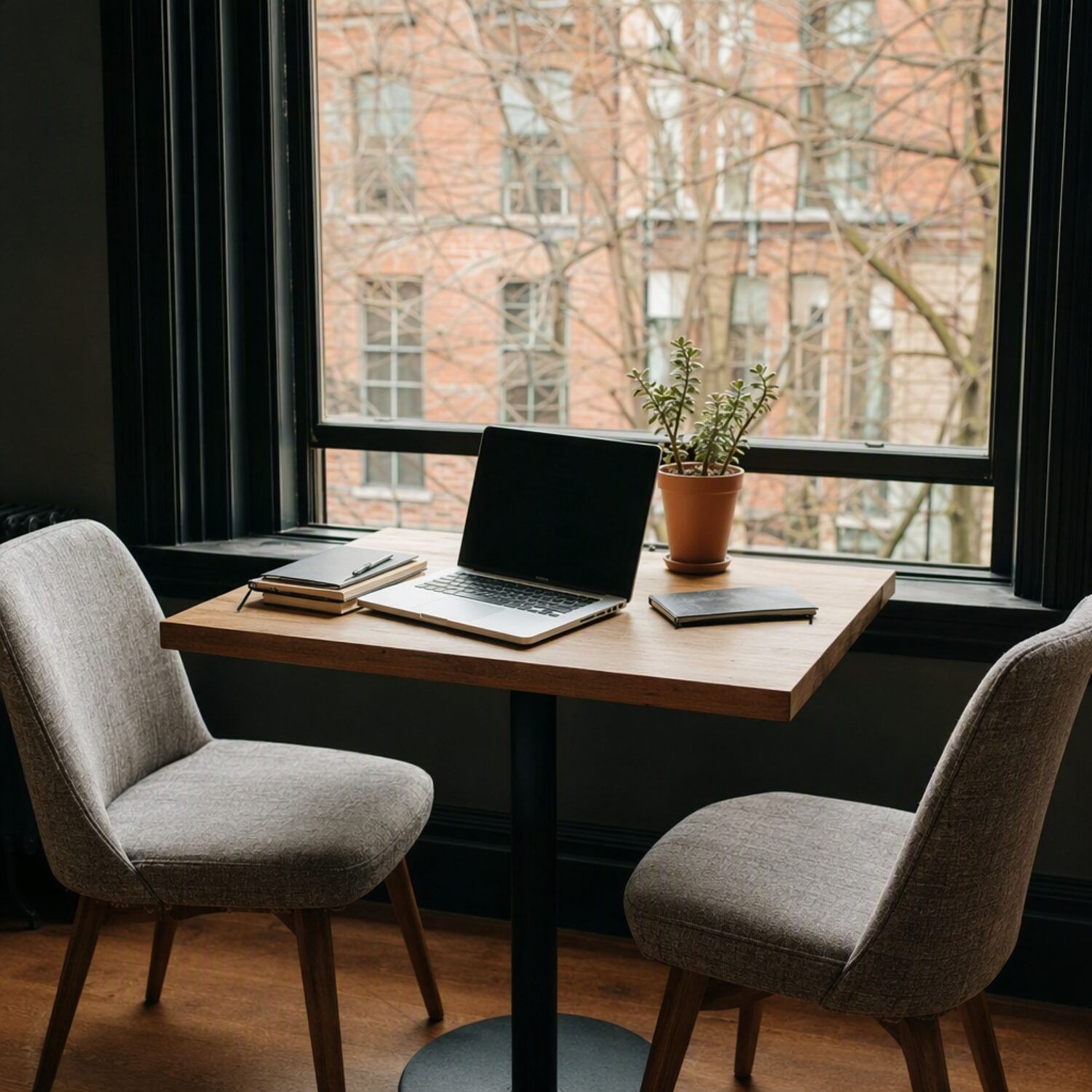 Two chairs at a table with a laptop