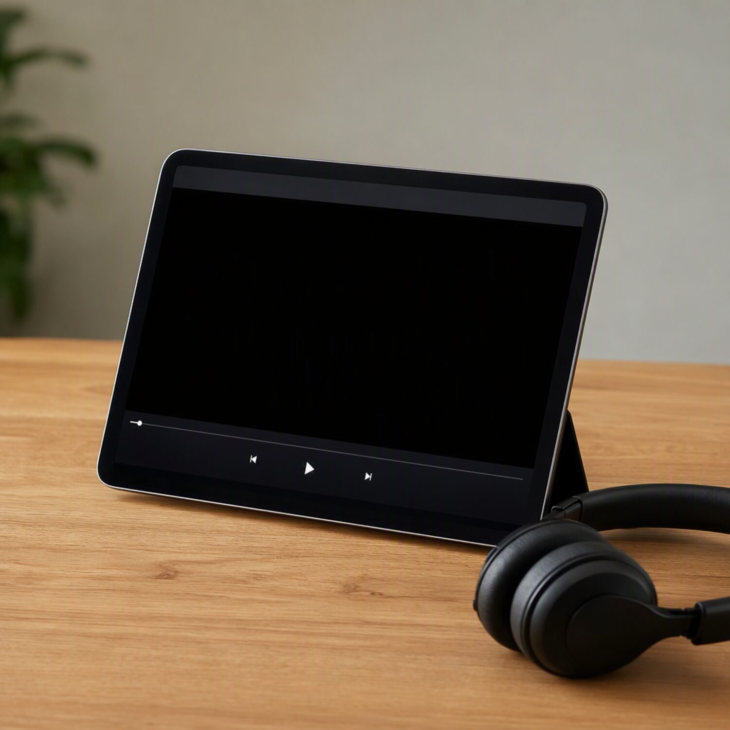 A tablet showing a blank player beside headphones
