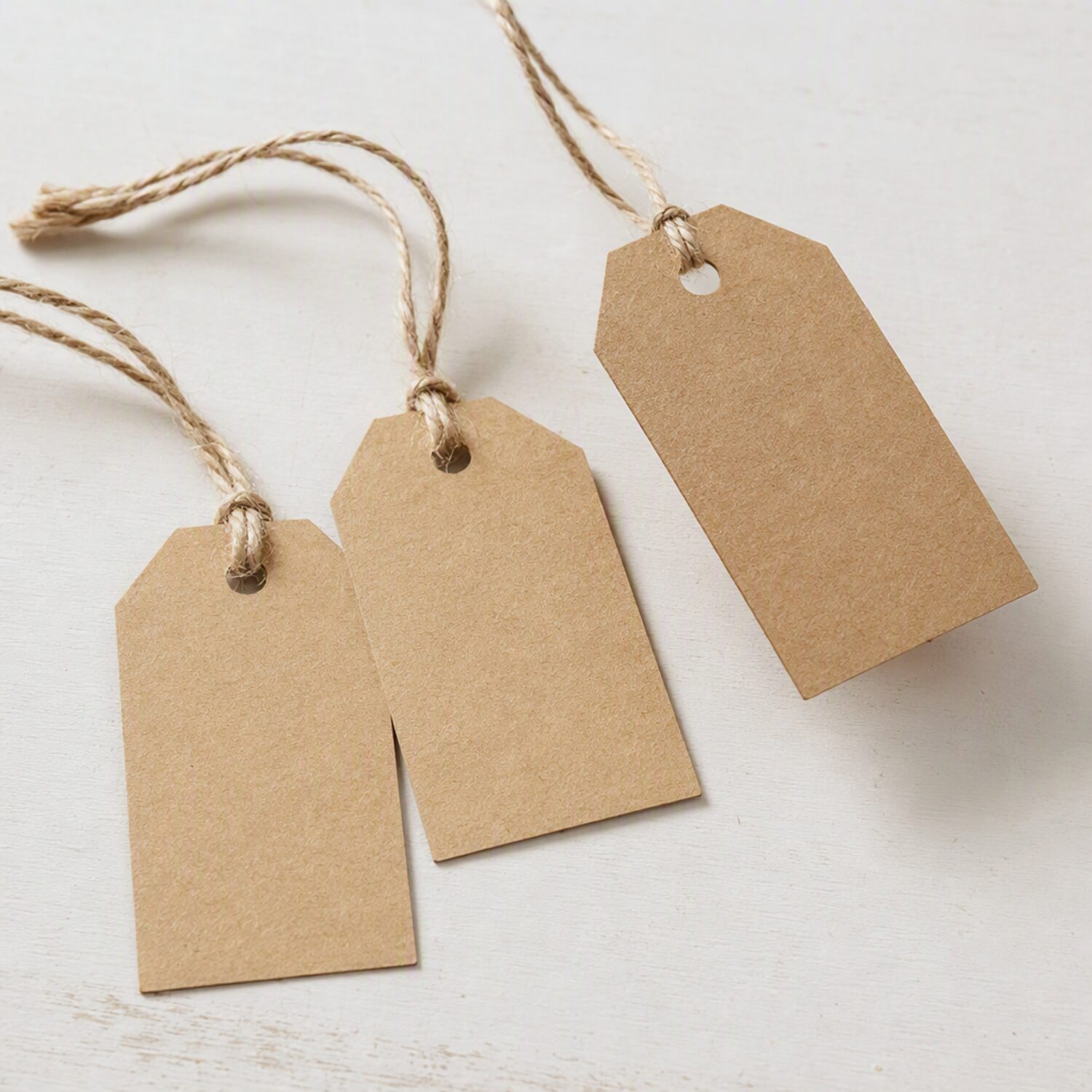 Three blank kraft price tags with string