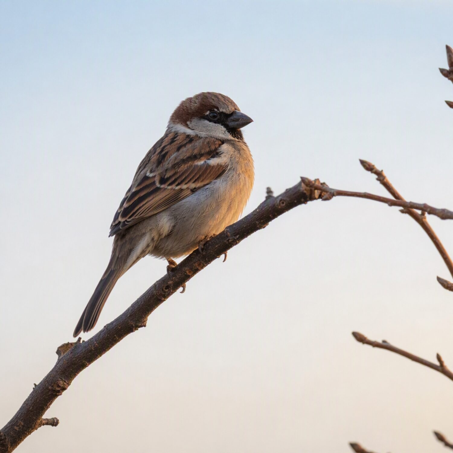 A sparrow on a bare branch at dawn