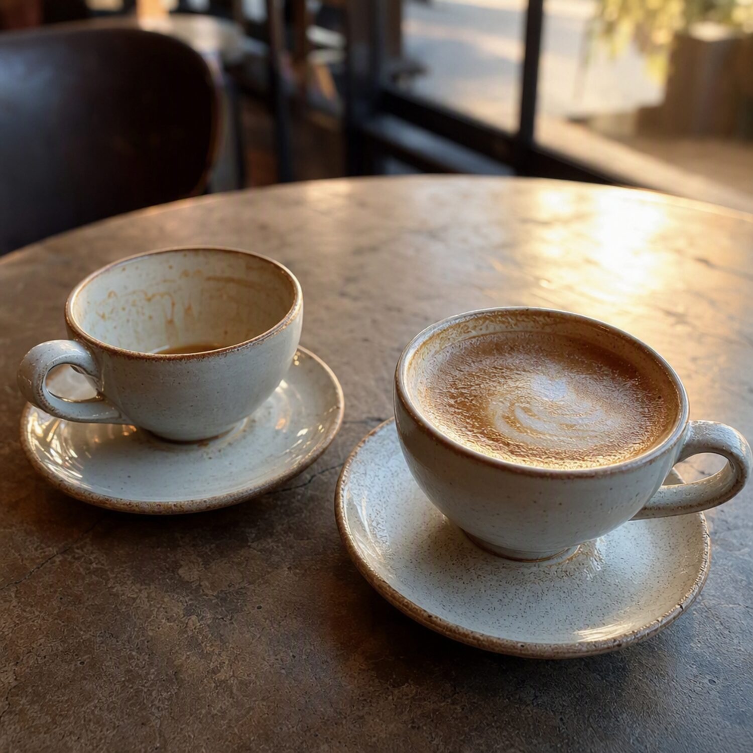 Two coffee cups on a café table