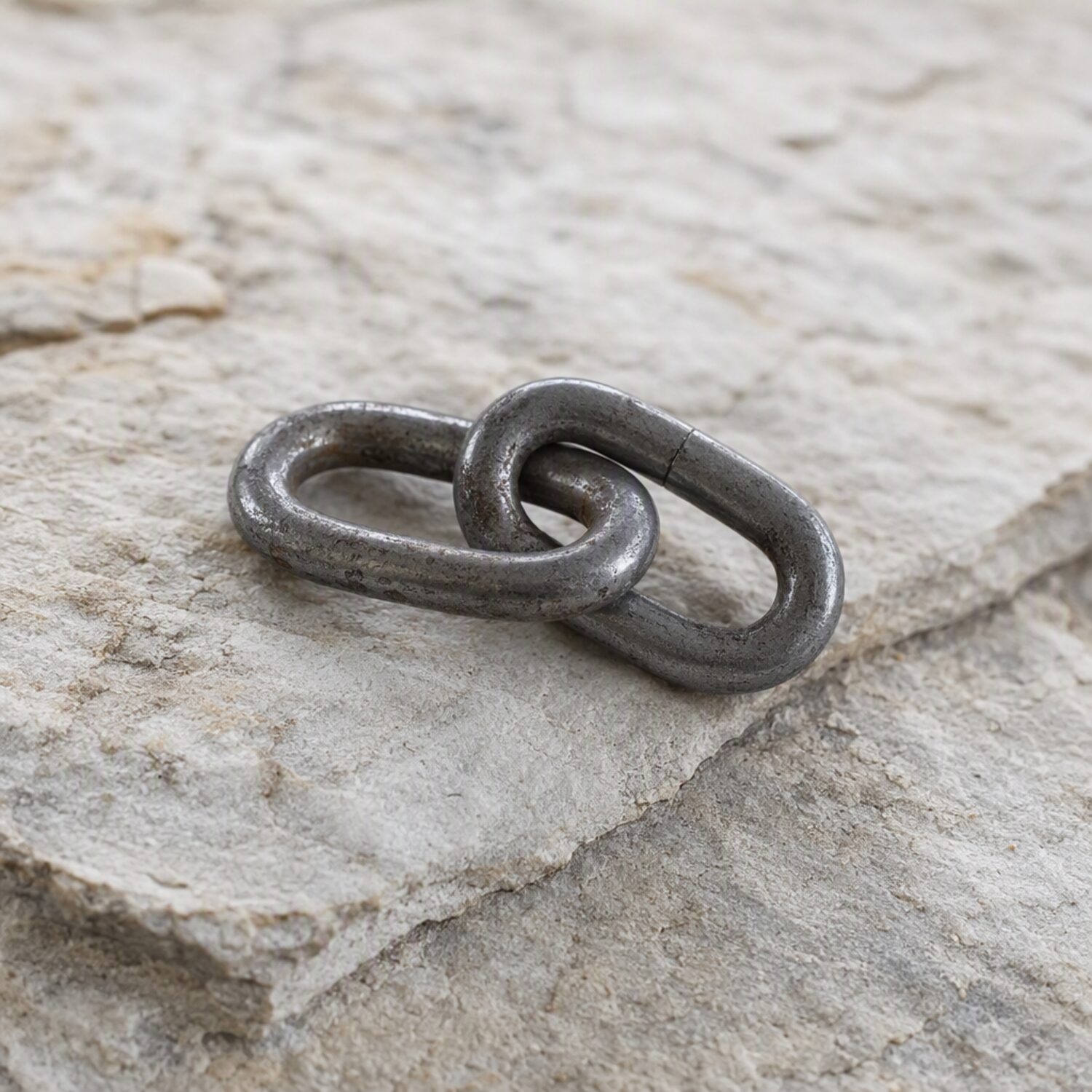 Two steel chain links on pale stone