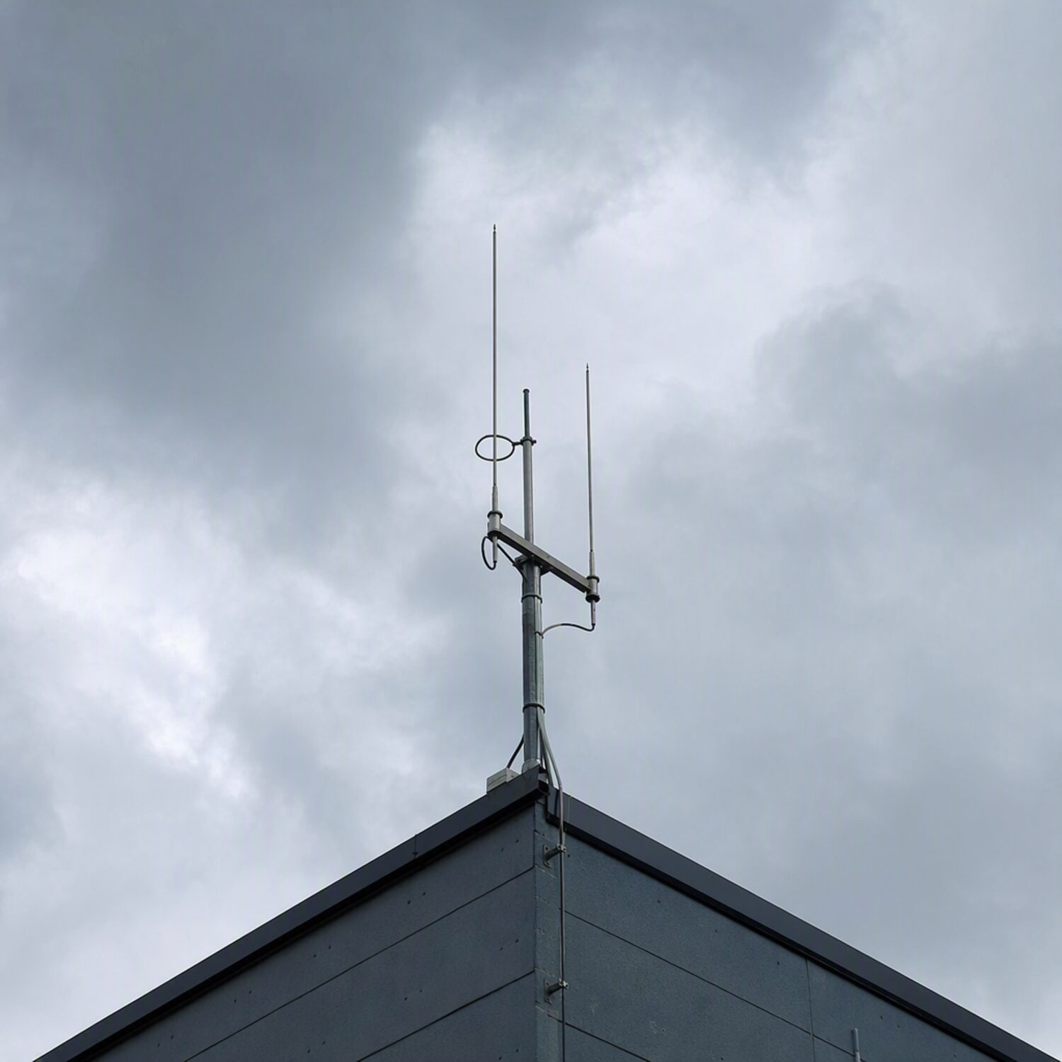 A rooftop antenna against an overcast sky