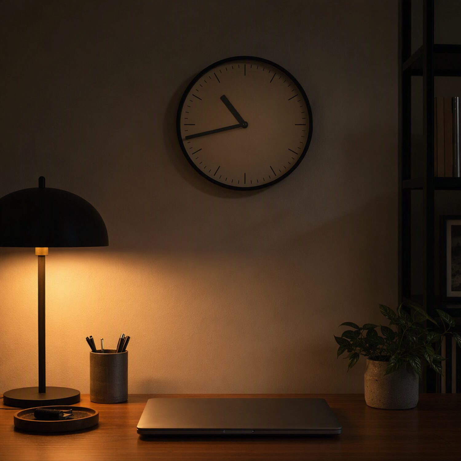 A wall clock above a desk at night