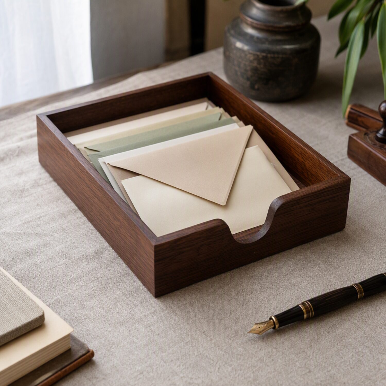 A letter tray with folded envelopes