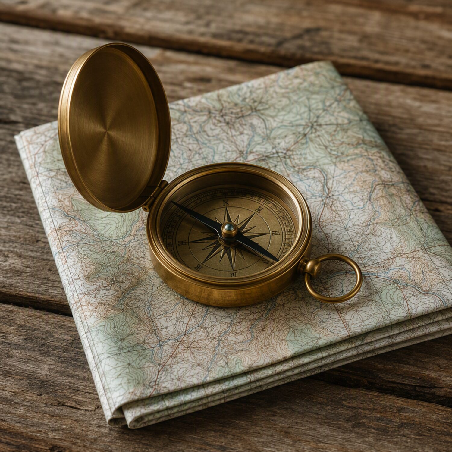 A brass compass on a folded map