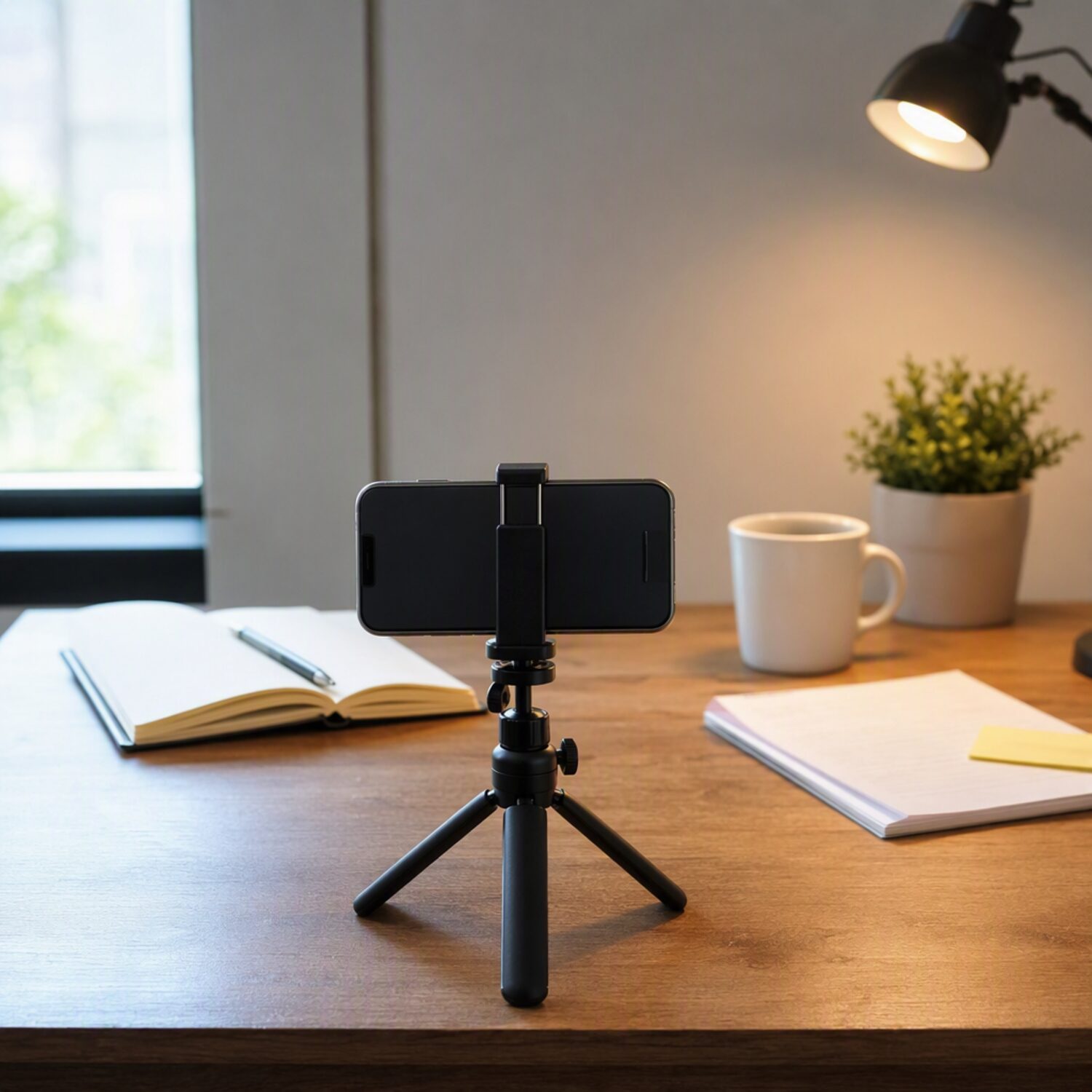 A phone on a tripod facing a desk with notes