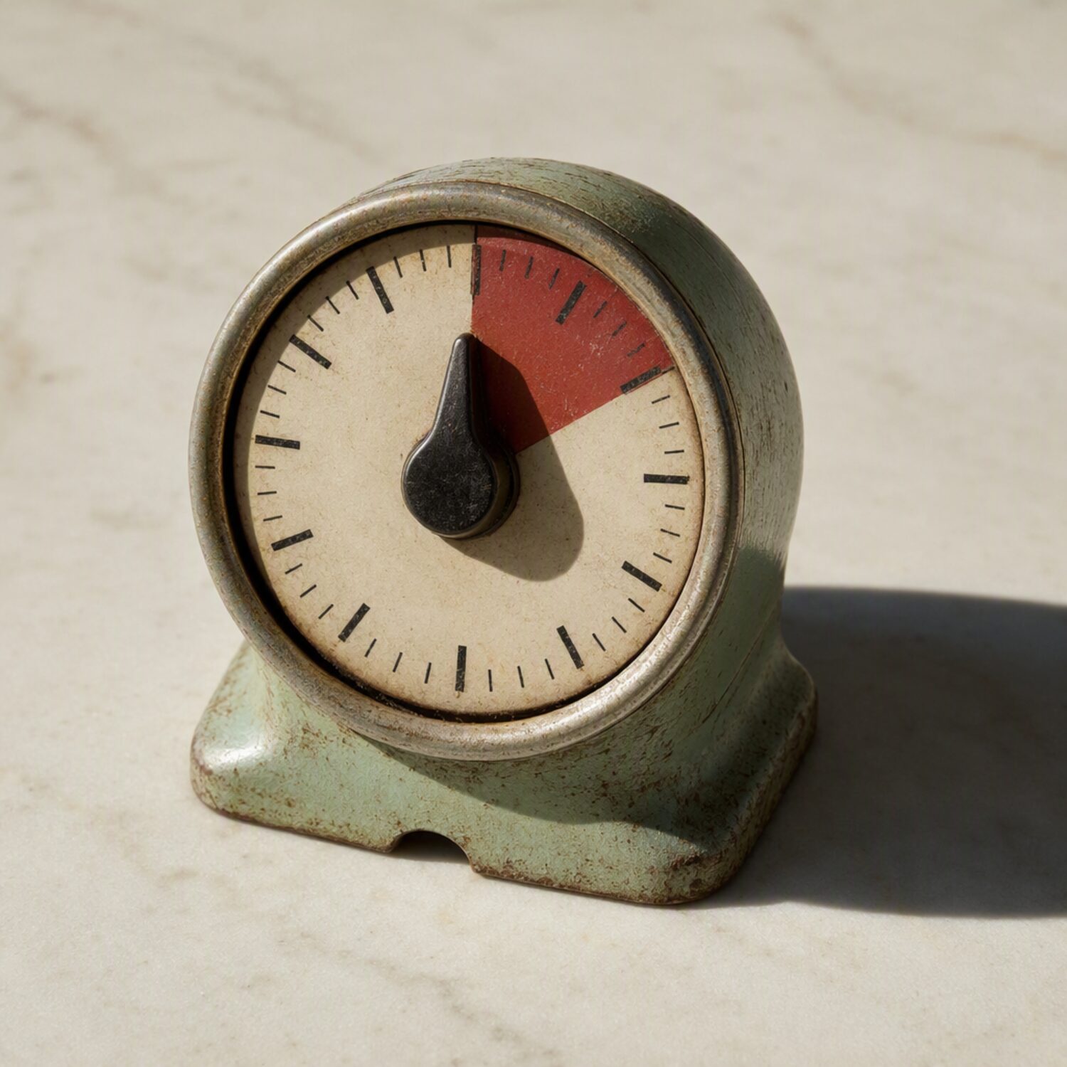 A mechanical countdown timer casting a hard shadow