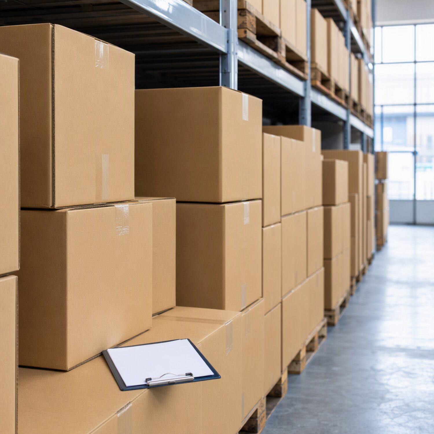 Stacked plain boxes in a warehouse aisle
