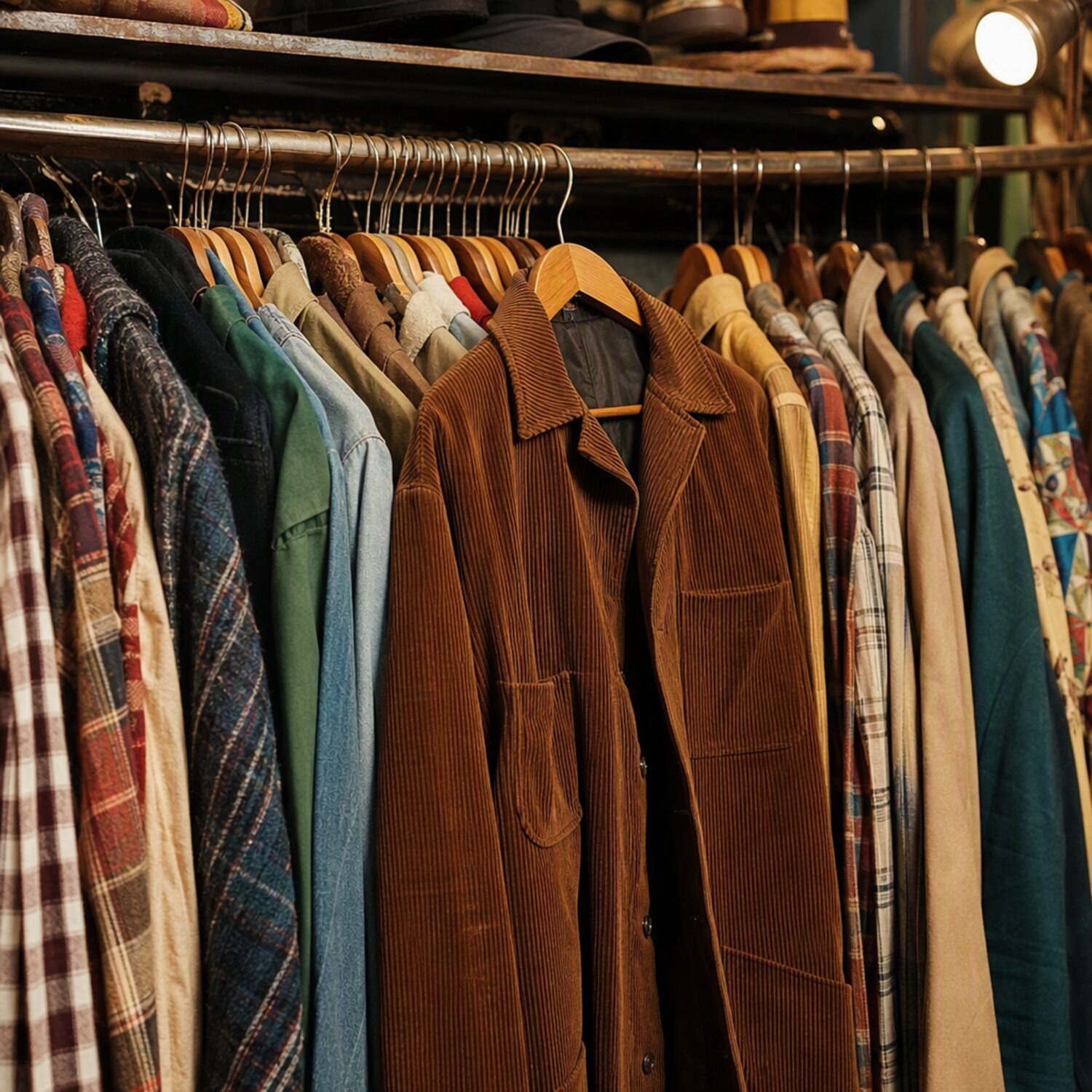 A vintage clothing rail with one hanger pulled forward