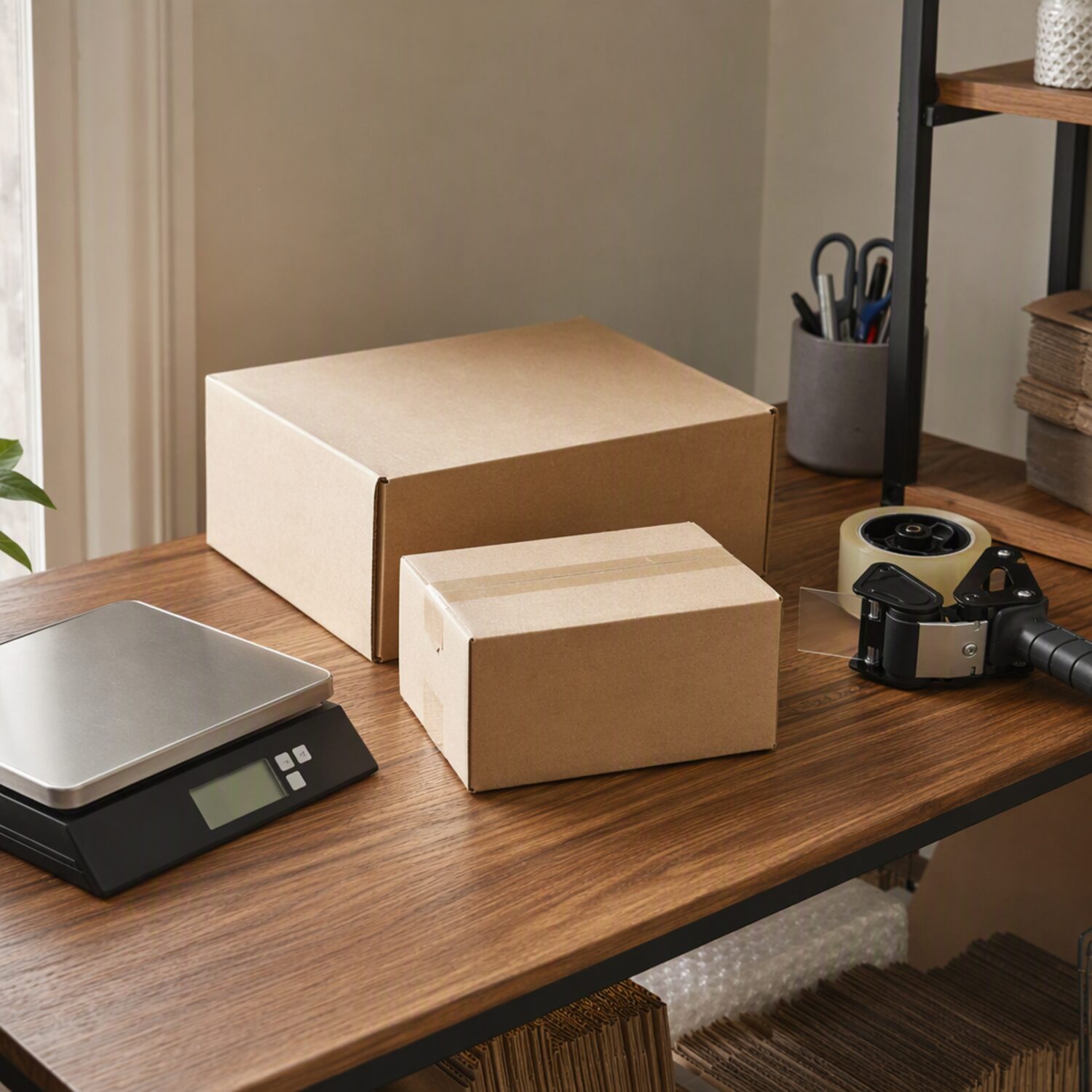 A packing station with a scale and parcels
