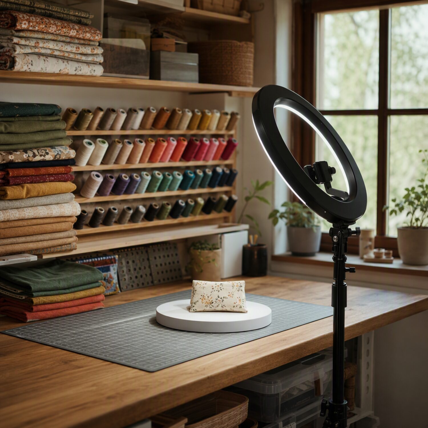 A craft workbench set up for product photography