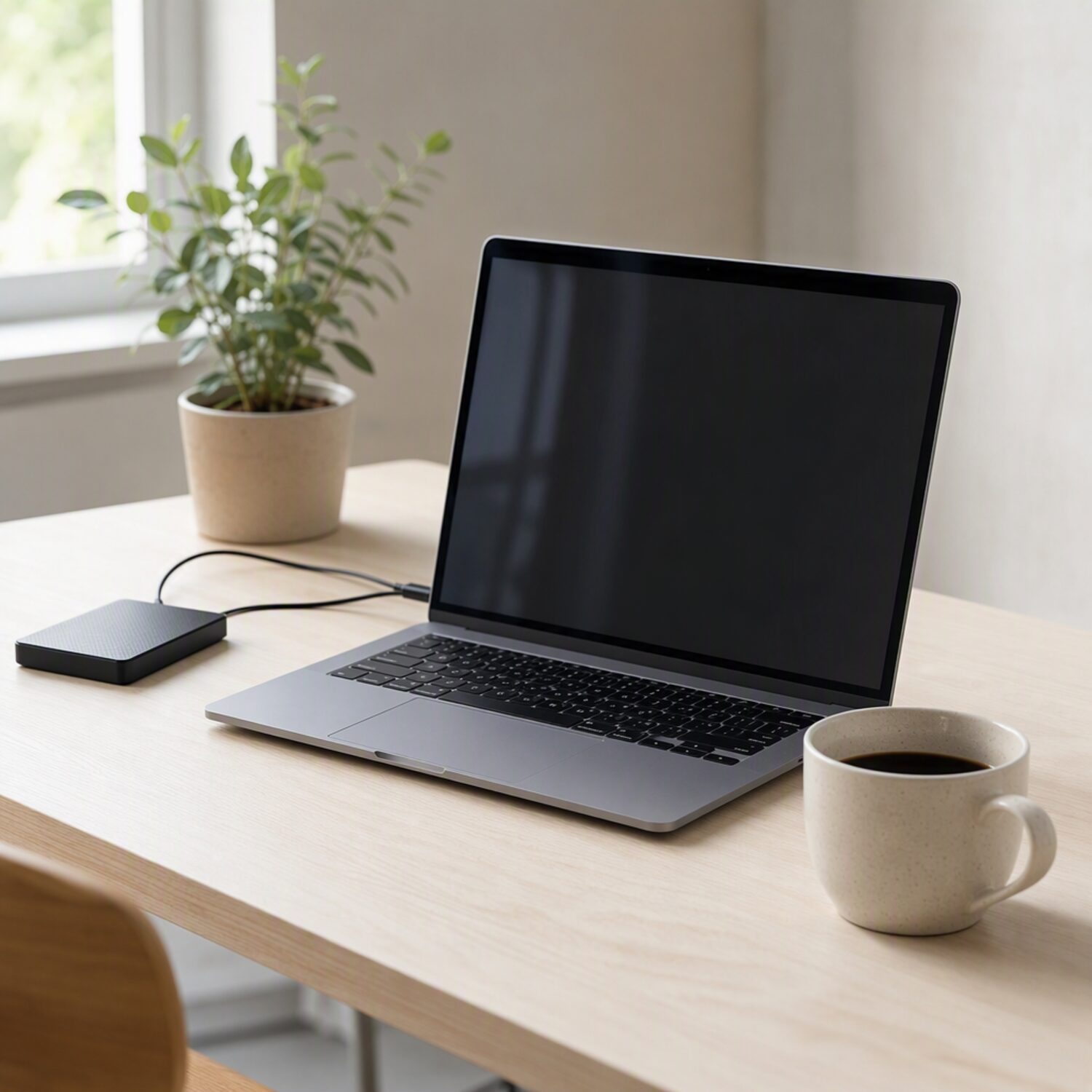 A laptop and external drive on a pale desk