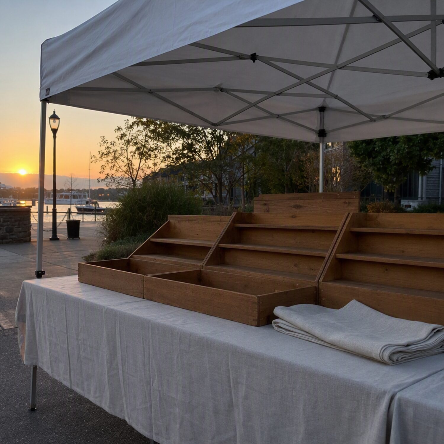 An empty market stall with wooden risers