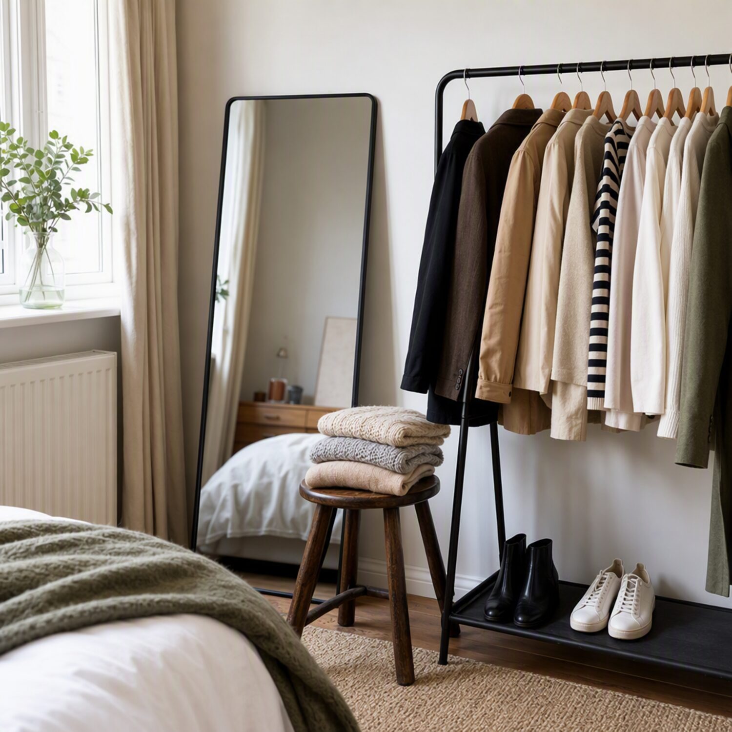 A clothing rail beside a mirror in a bedroom