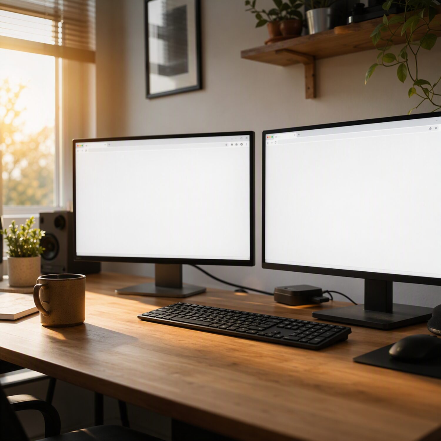 Two monitors showing blank browser windows
