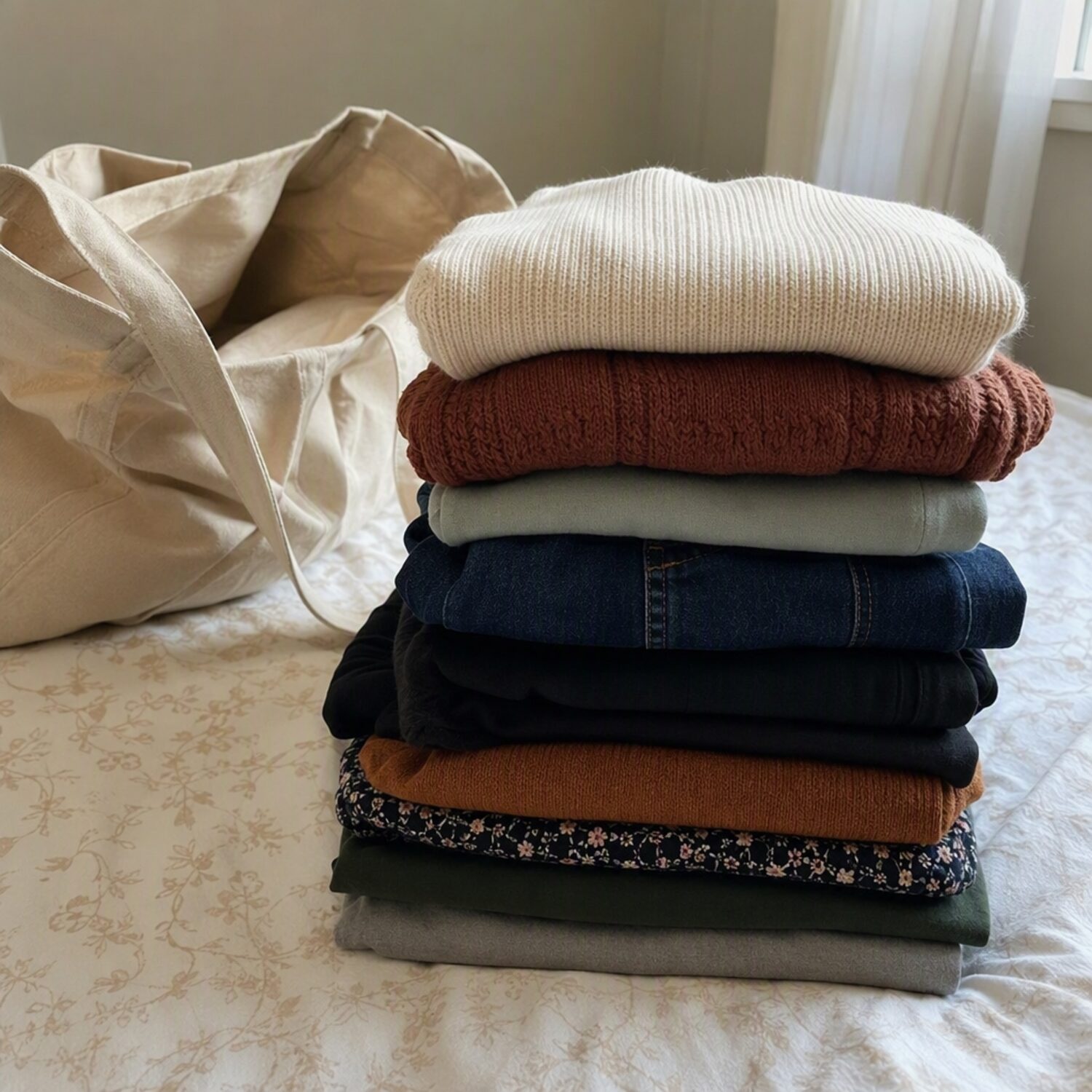 Folded clothing stacked beside a tote bag