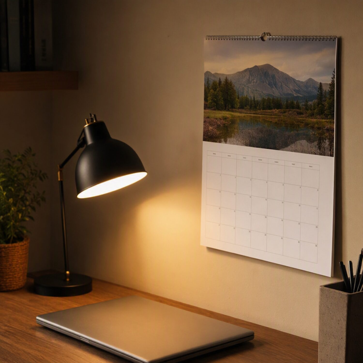 A wall calendar beside a desk lamp