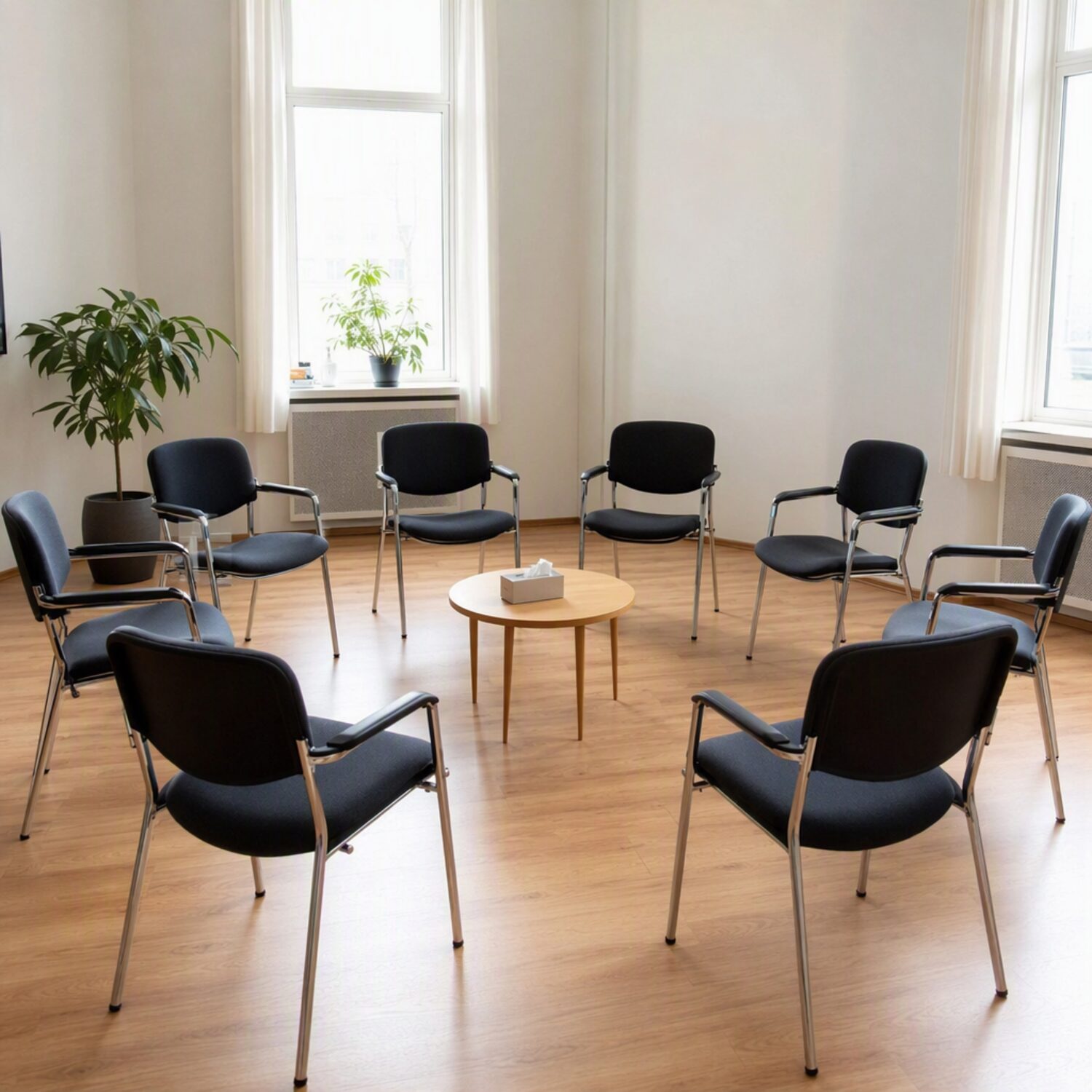 A circle of empty chairs around a small table