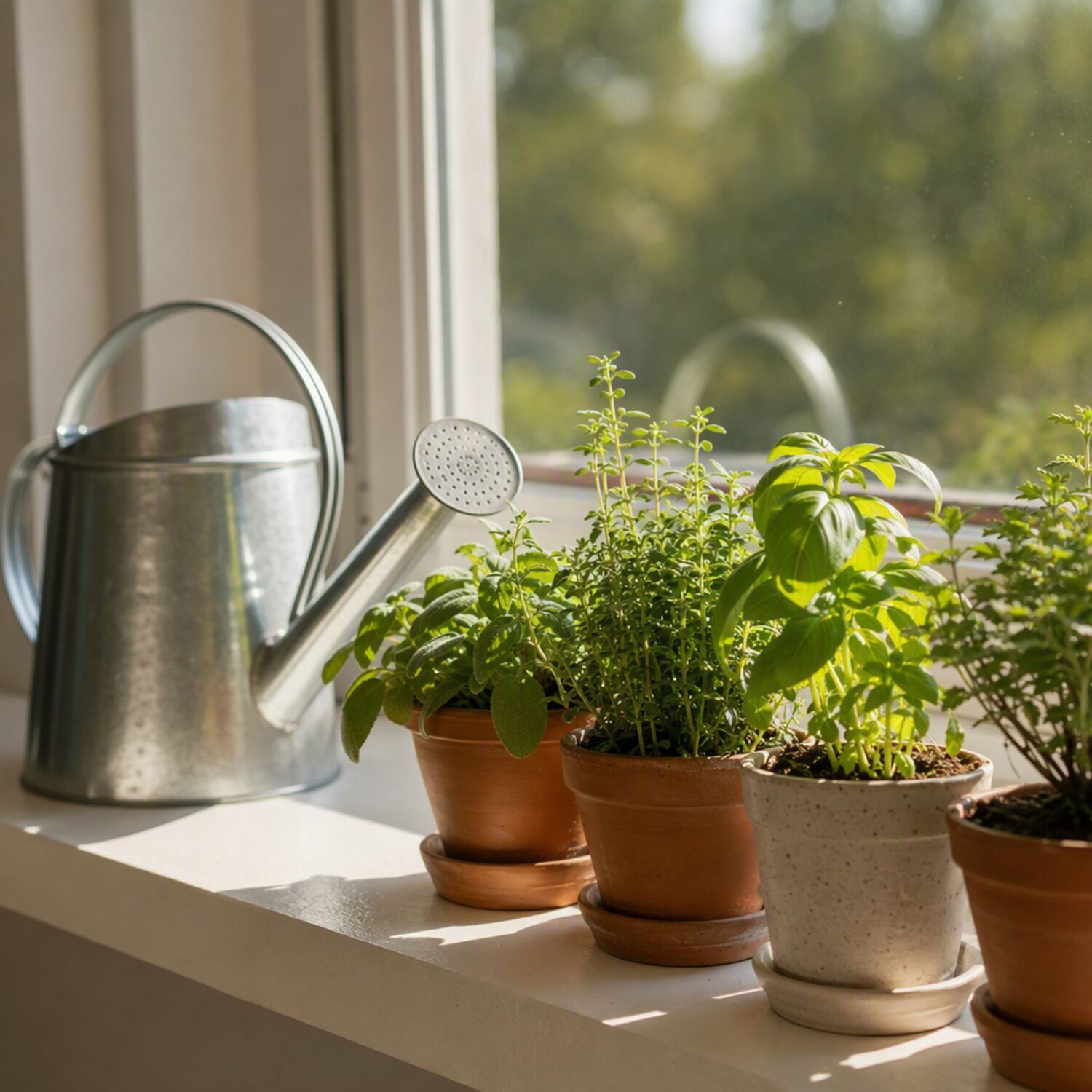 A watering can beside potted plants on a windowsill