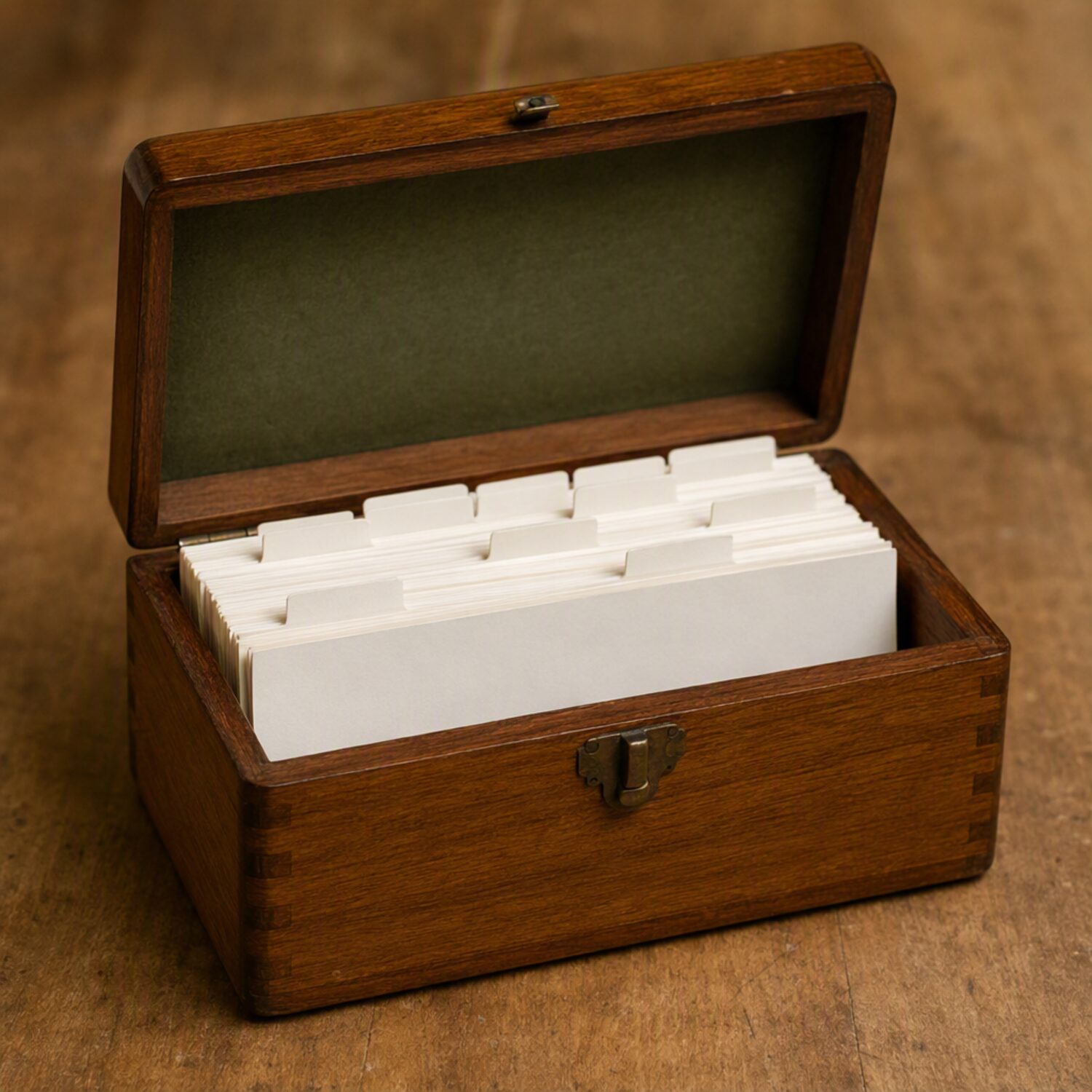 A wooden card index box with blank cards