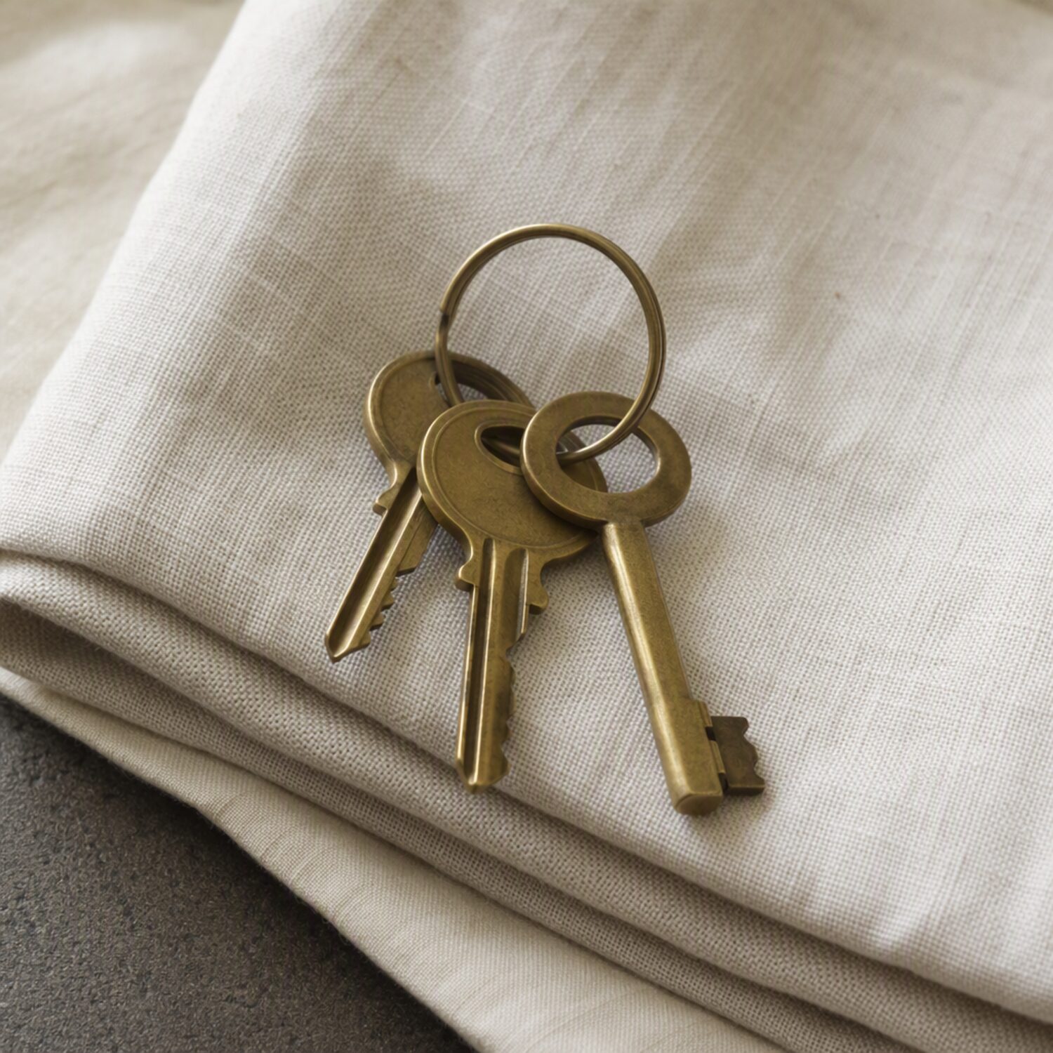 Three brass keys on folded linen